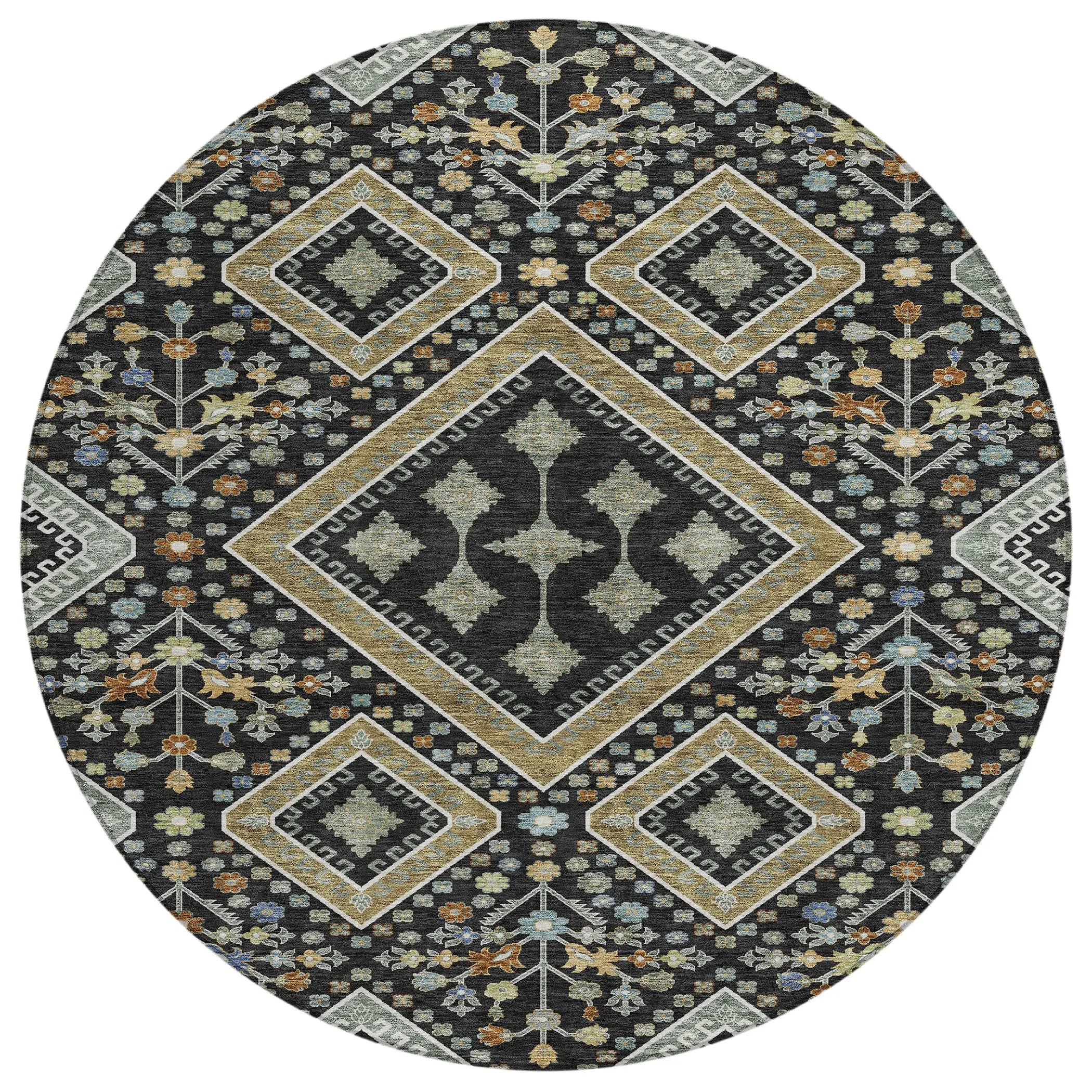 8' Black And Fern Green Round Medallion Washable Indoor Outdoor Area Rug Homeroots Outdoor