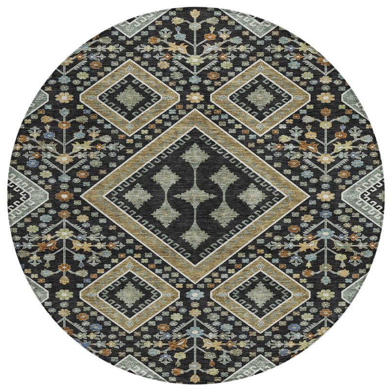 8' Black And Fern Green Round Medallion Washable Indoor Outdoor Area Rug Homeroots Outdoor
