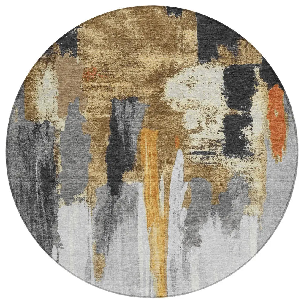 8' Black And Gold Round Abstract Washable Indoor Outdoor Area Rug Homeroots Outdoor