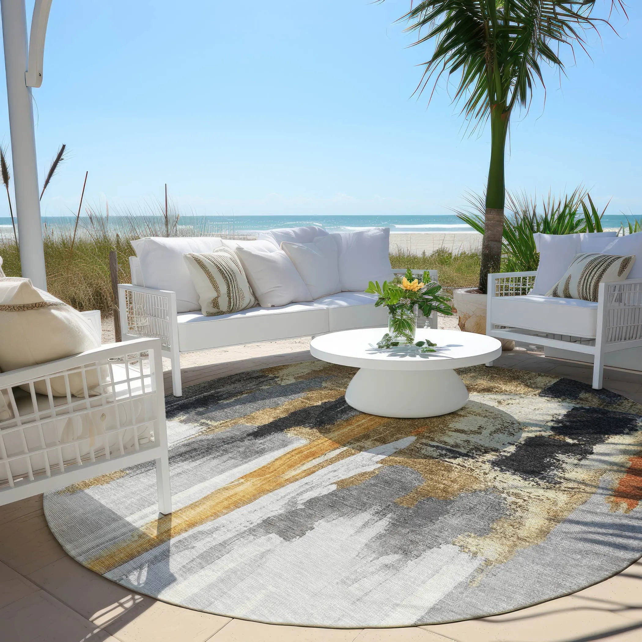 8' Black And Gold Round Abstract Washable Indoor Outdoor Area Rug Homeroots Outdoor