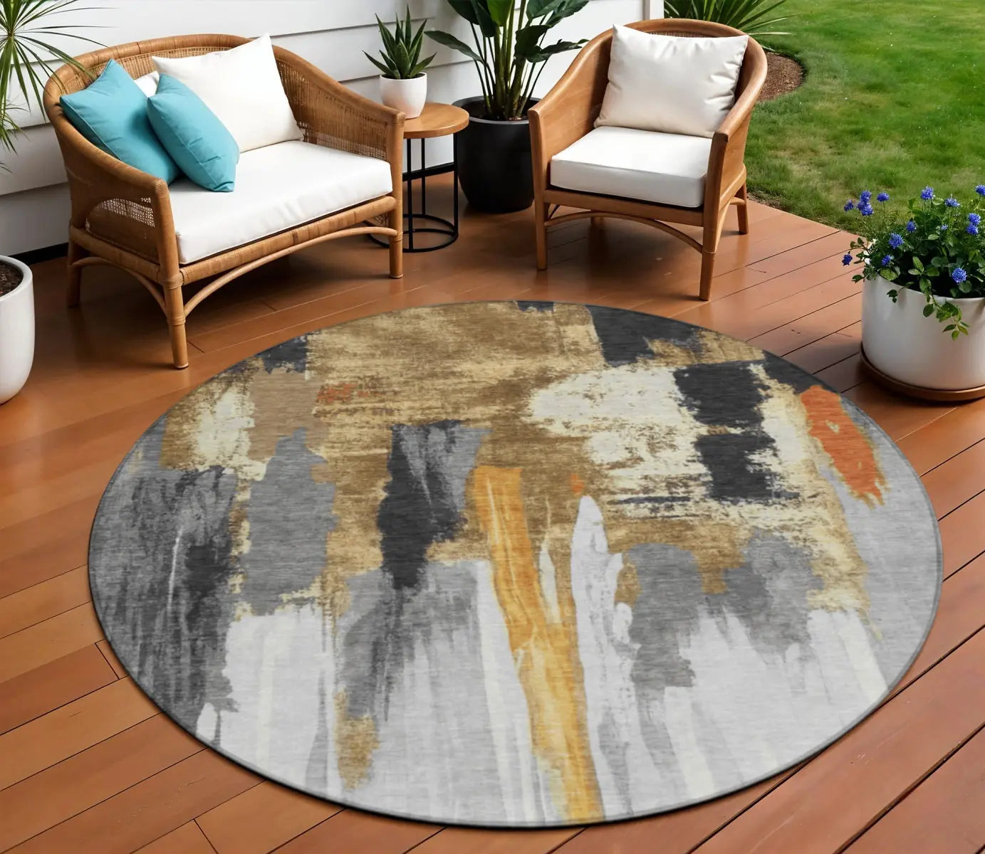 8' Black And Gold Round Abstract Washable Indoor Outdoor Area Rug Homeroots Outdoor