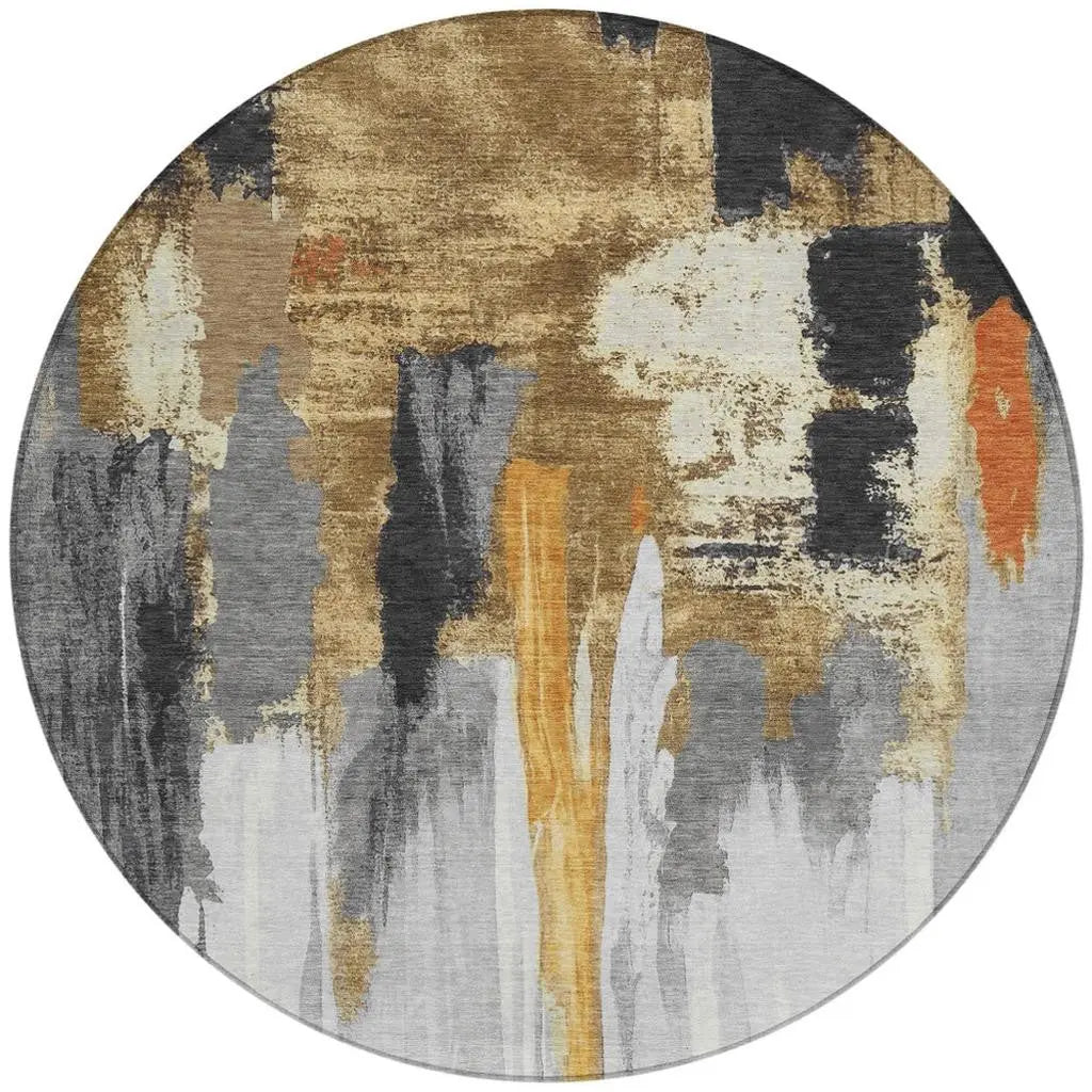 8' Black And Gold Round Abstract Washable Indoor Outdoor Area Rug Homeroots Outdoor