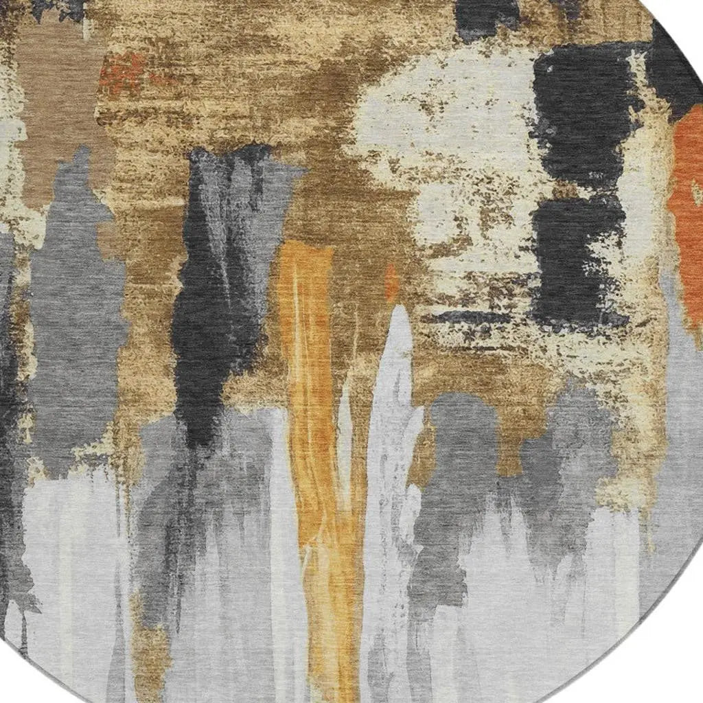 8' Black And Gold Round Abstract Washable Indoor Outdoor Area Rug Homeroots Outdoor