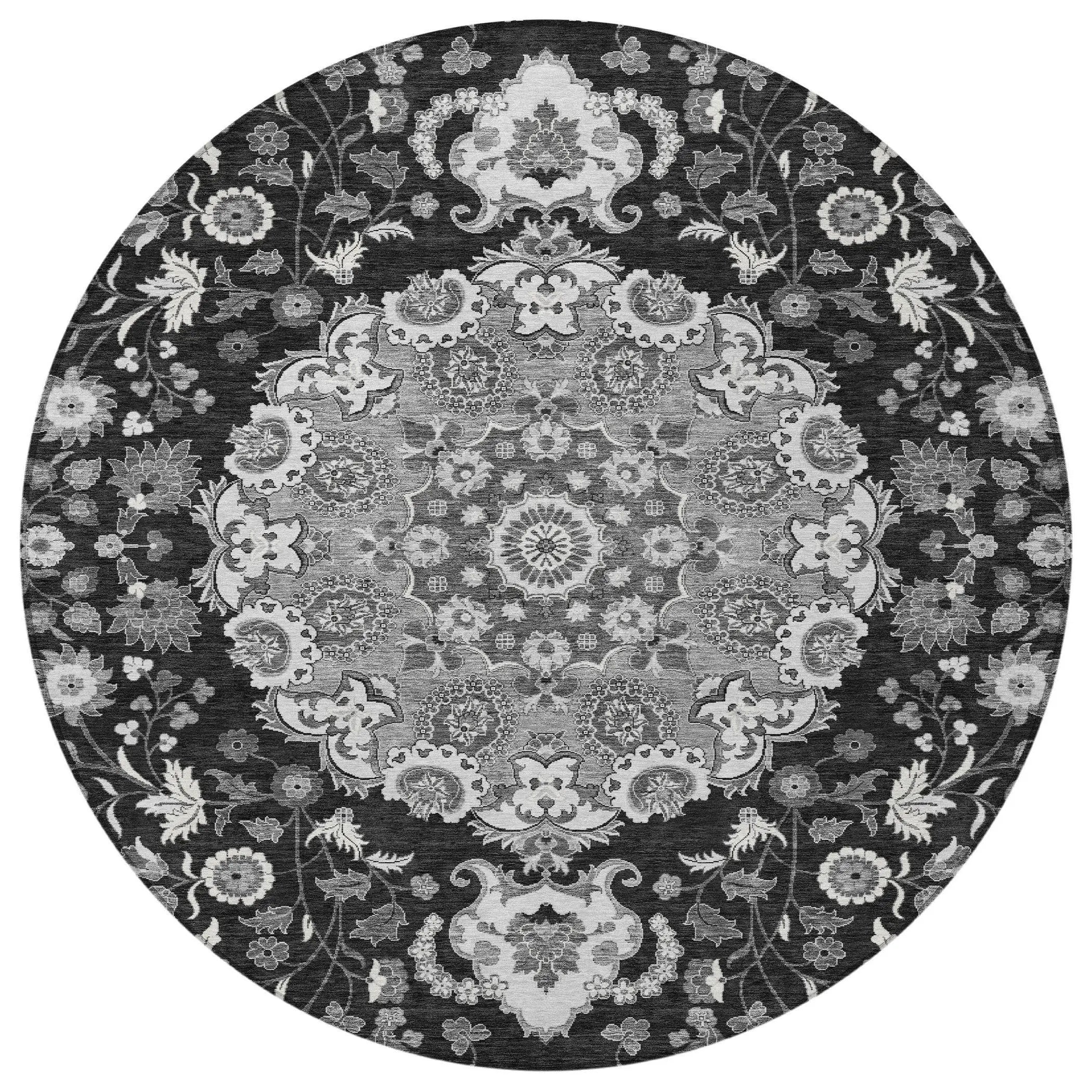 8' Black And Granite Gray Round Damask Washable Indoor Outdoor Area Rug Homeroots Outdoor