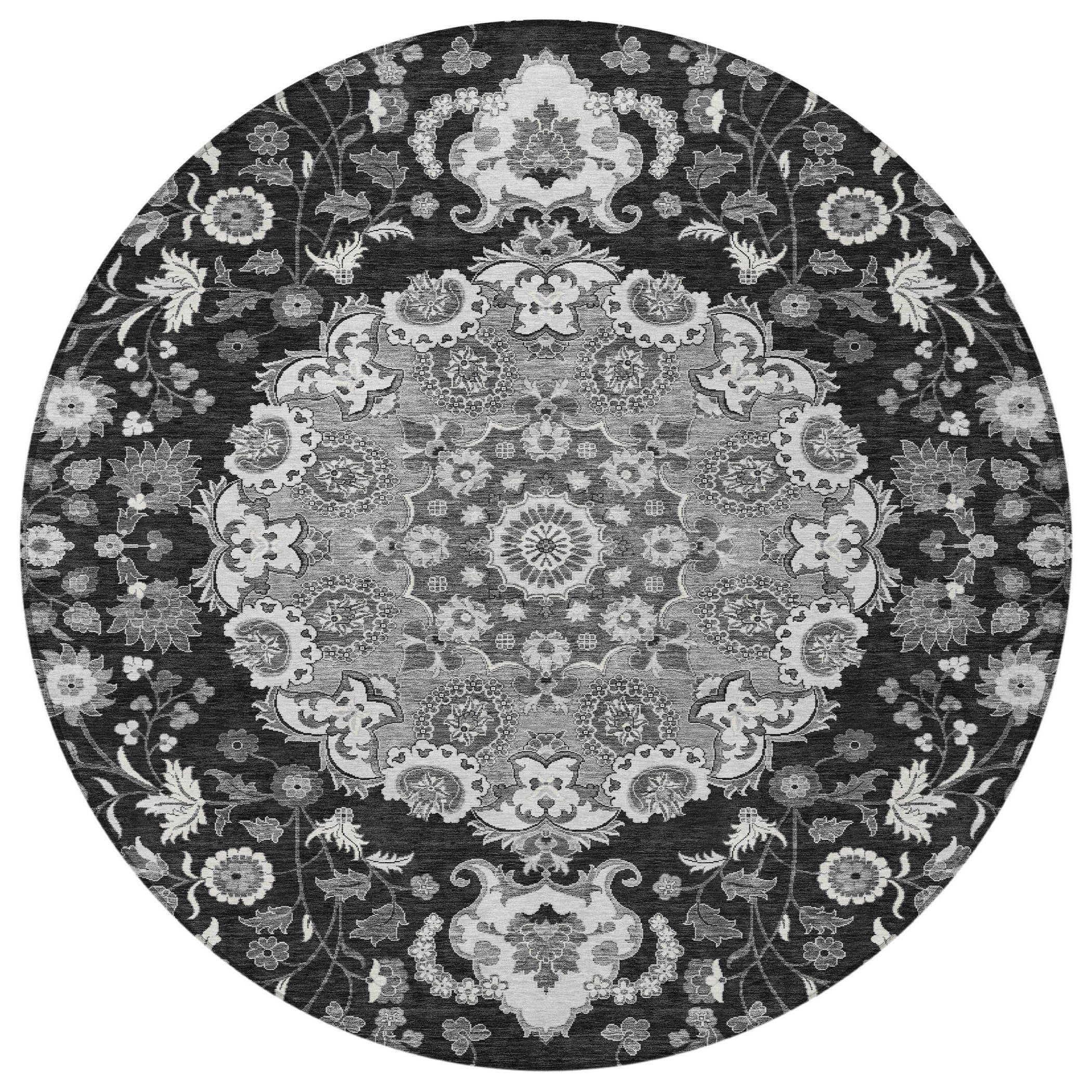 8' Black And Granite Gray Round Damask Washable Indoor Outdoor Area Rug Homeroots Outdoor
