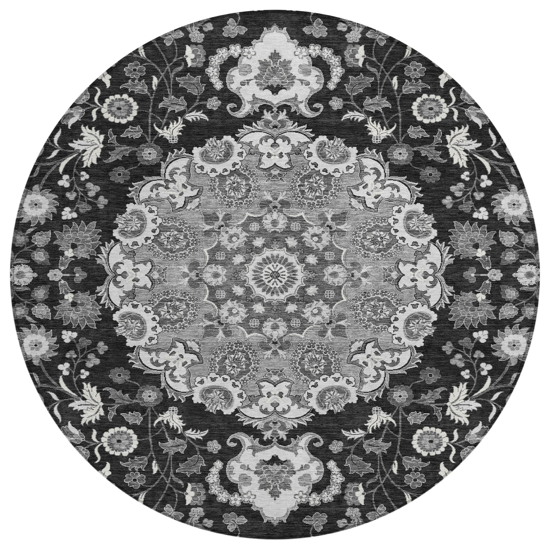8' Black And Granite Gray Round Damask Washable Indoor Outdoor Area Rug Homeroots Outdoor