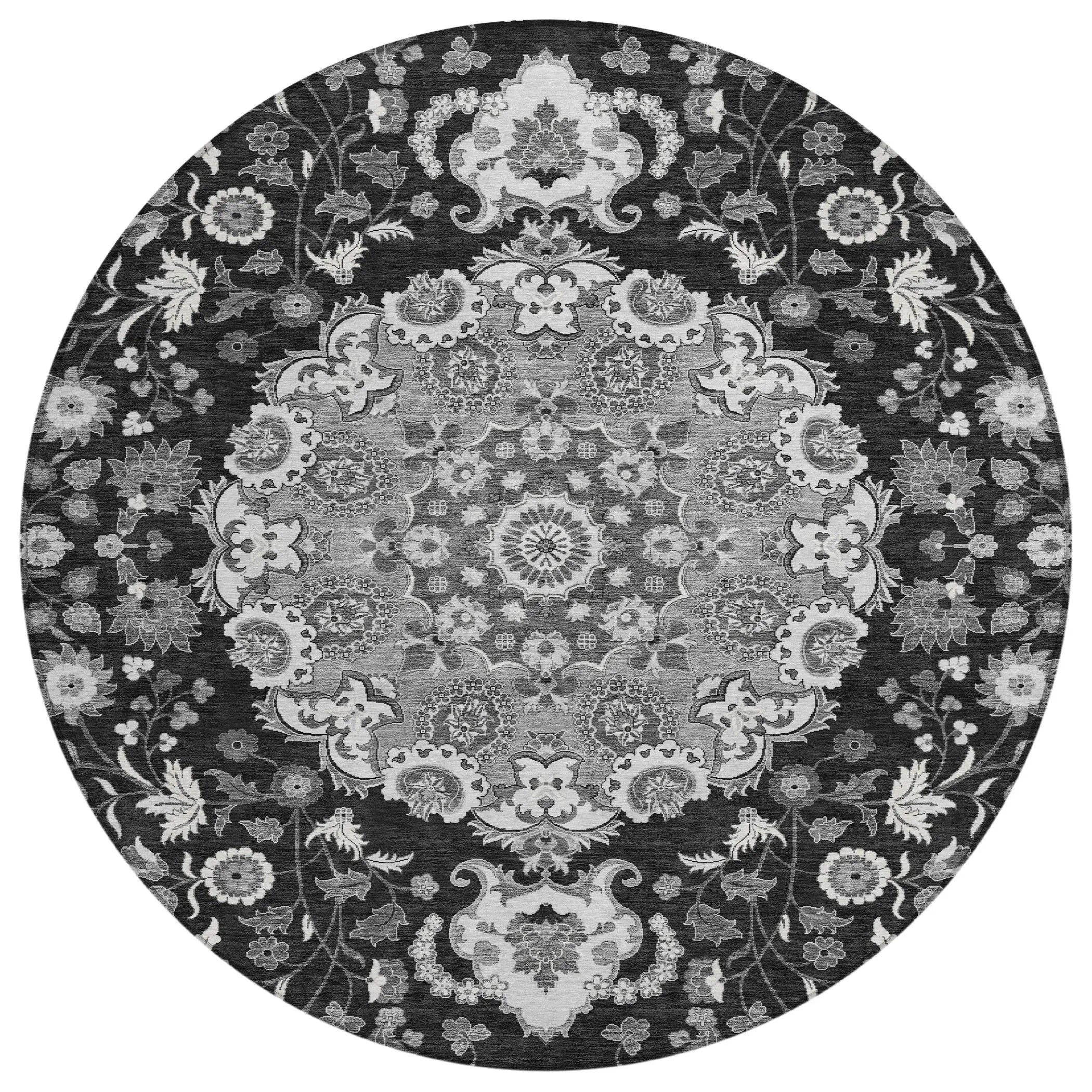8' Black And Granite Gray Round Damask Washable Indoor Outdoor Area Rug Homeroots Outdoor