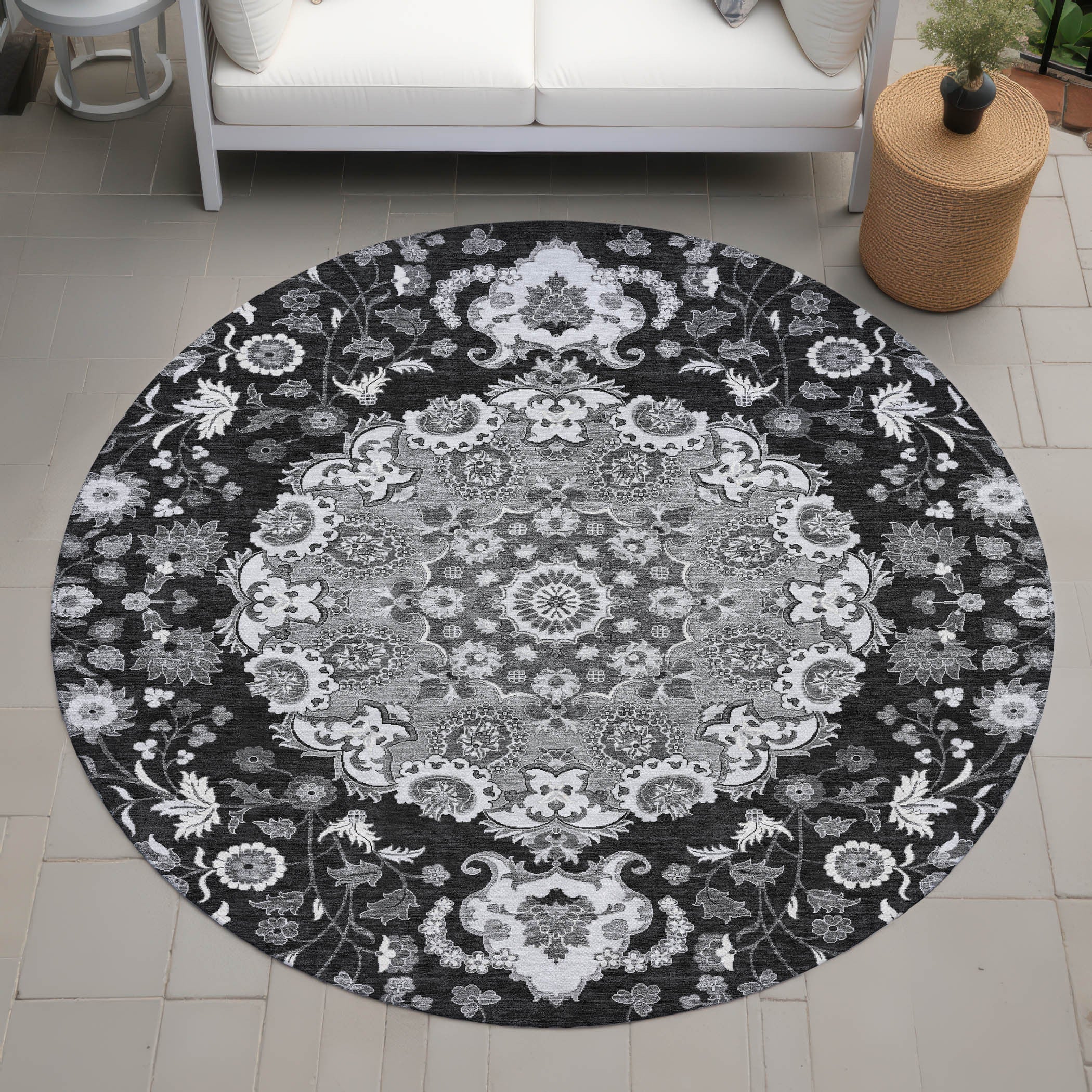 8' Black And Granite Gray Round Damask Washable Indoor Outdoor Area Rug Homeroots Outdoor
