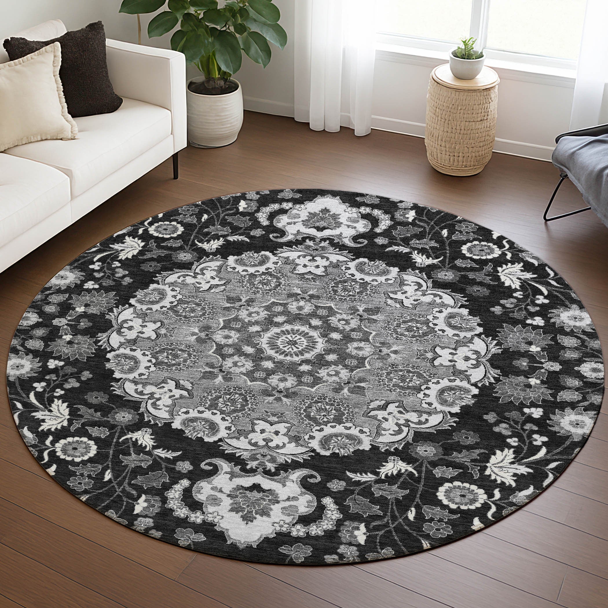 8' Black And Granite Gray Round Damask Washable Indoor Outdoor Area Rug Homeroots Outdoor