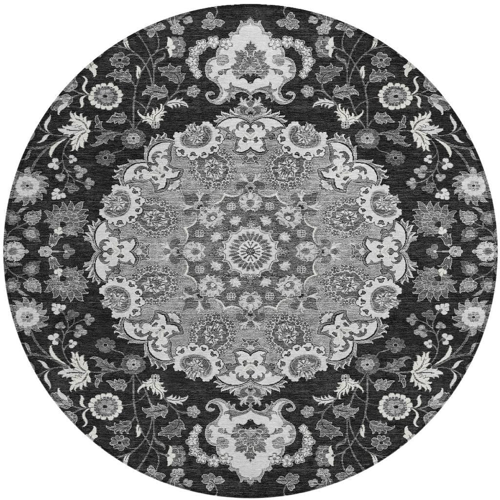 8' Black And Granite Gray Round Damask Washable Indoor Outdoor Area Rug Homeroots Outdoor