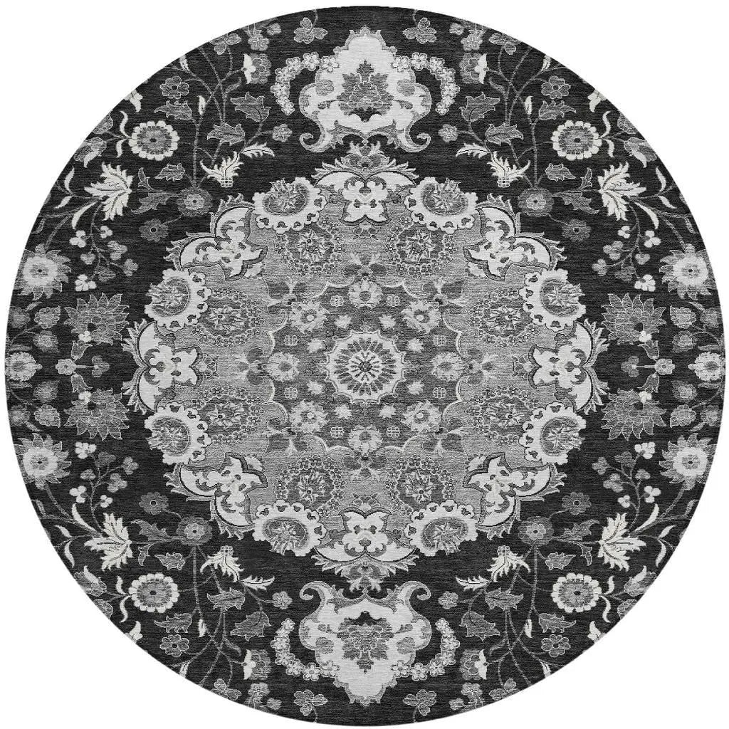 8' Black And Granite Gray Round Damask Washable Indoor Outdoor Area Rug Homeroots Outdoor