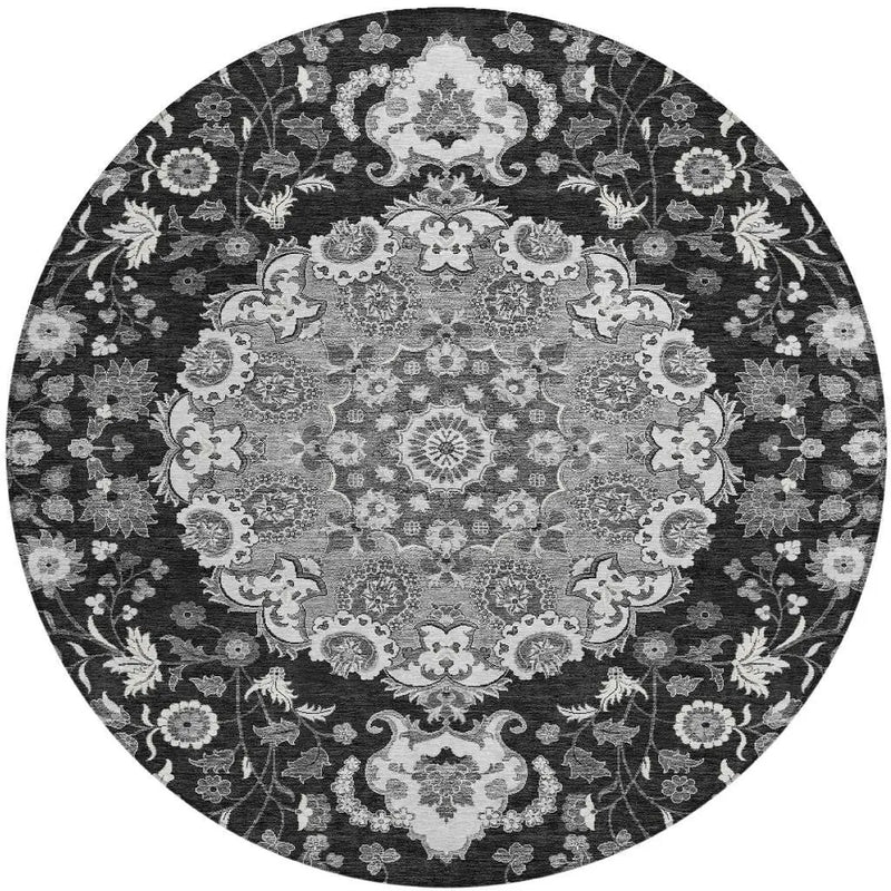 8' Black And Granite Gray Round Damask Washable Indoor Outdoor Area Rug Homeroots Outdoor