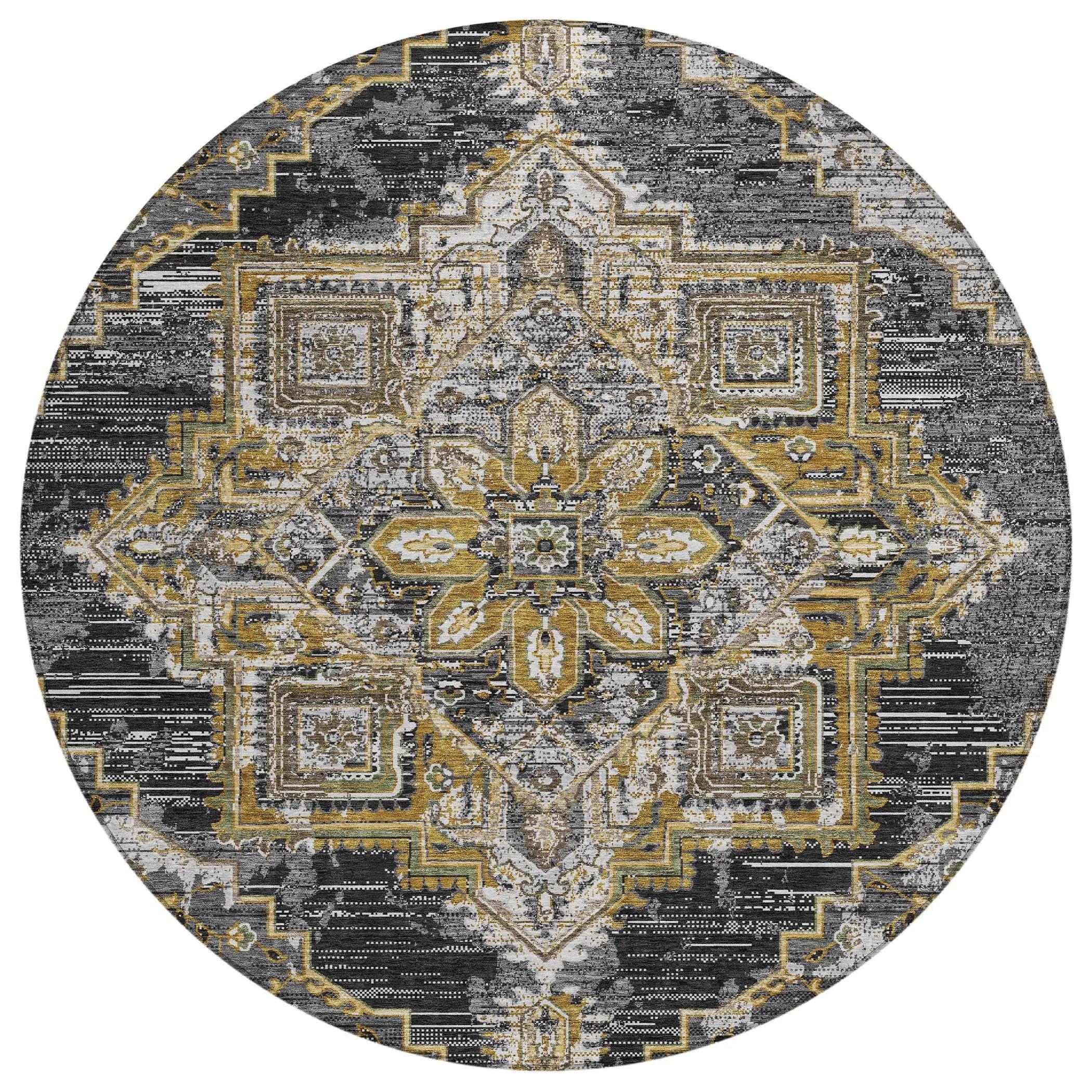 8' Black And Granite Gray Round Oriental Washable Indoor Outdoor Area Rug Homeroots Outdoor