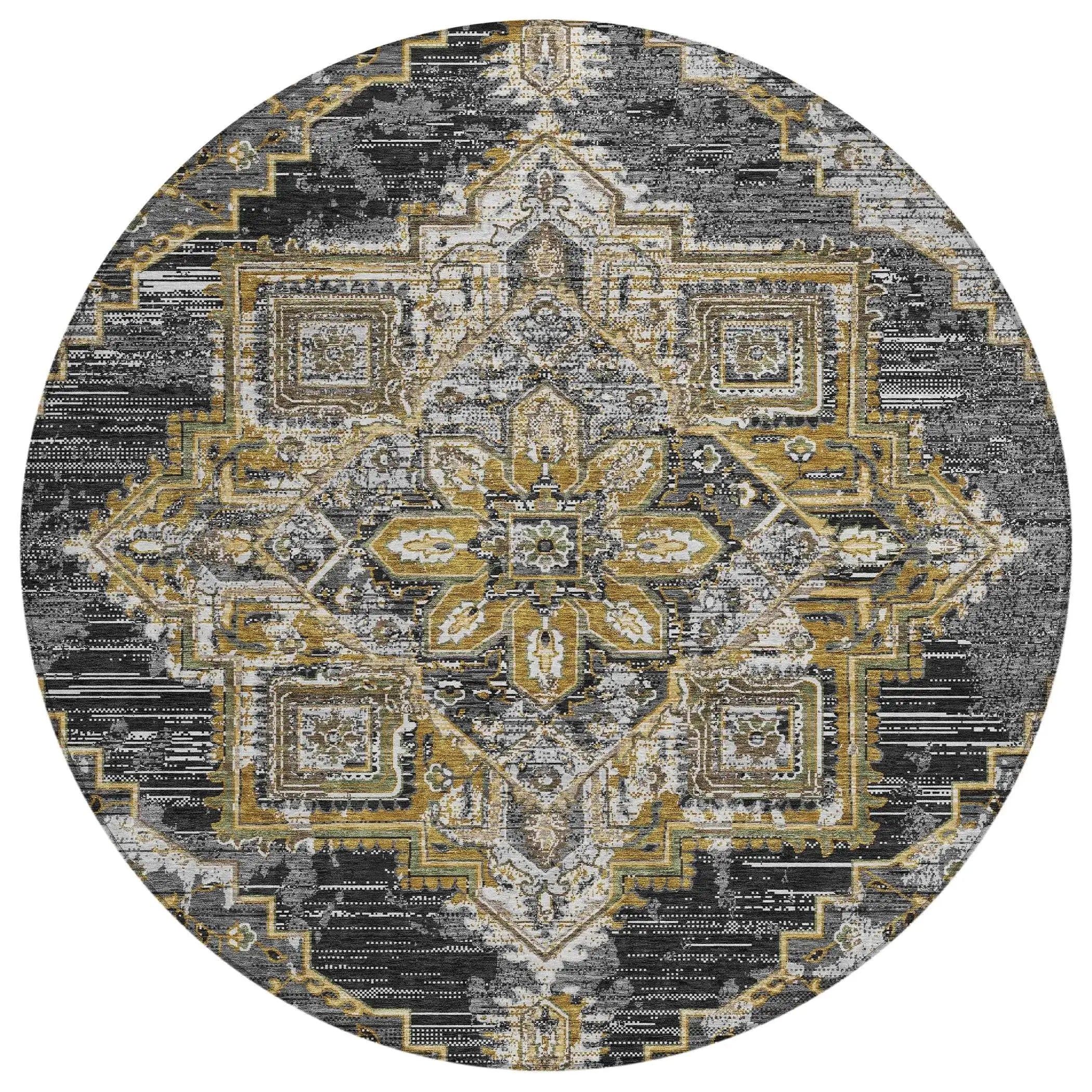 8' Black And Granite Gray Round Oriental Washable Indoor Outdoor Area Rug Homeroots Outdoor