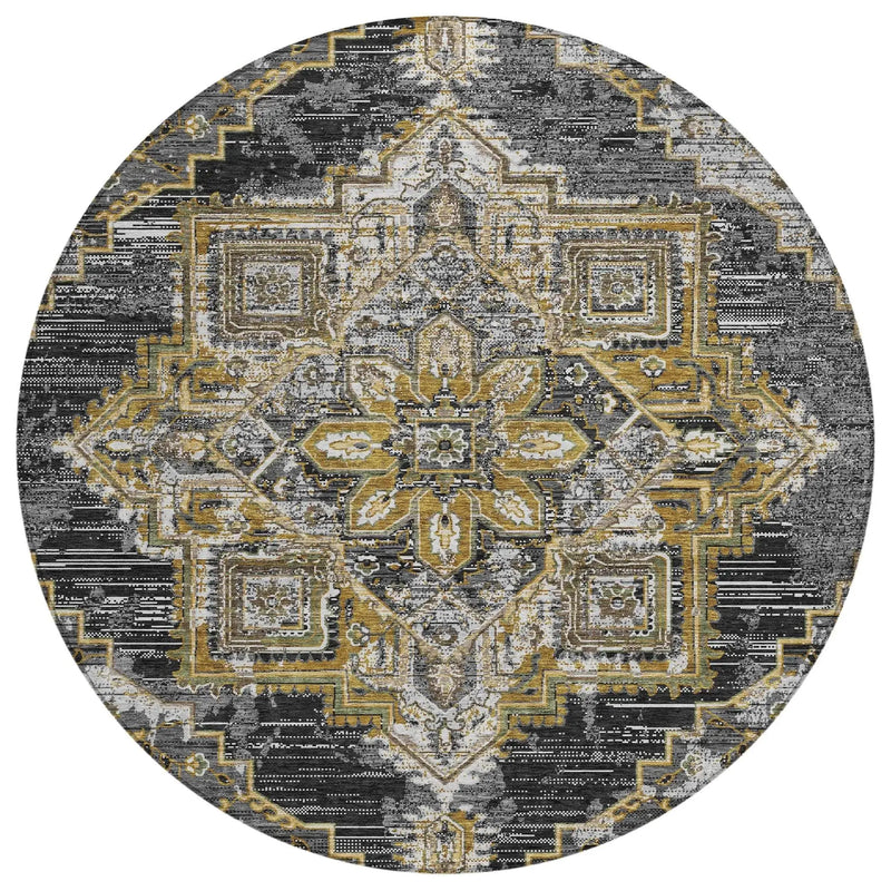 8' Black And Granite Gray Round Oriental Washable Indoor Outdoor Area Rug Homeroots Outdoor