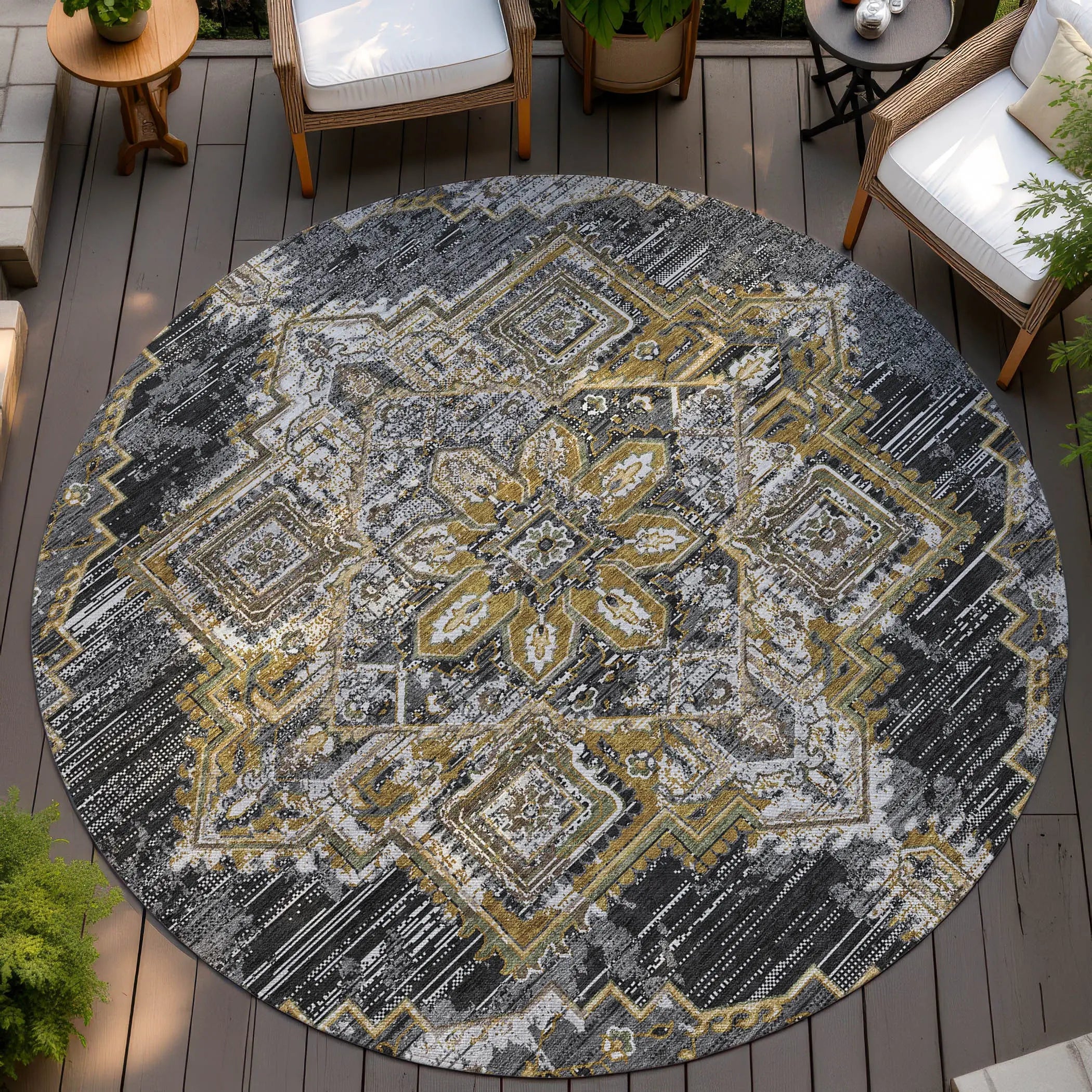 8' Black And Granite Gray Round Oriental Washable Indoor Outdoor Area Rug Homeroots Outdoor