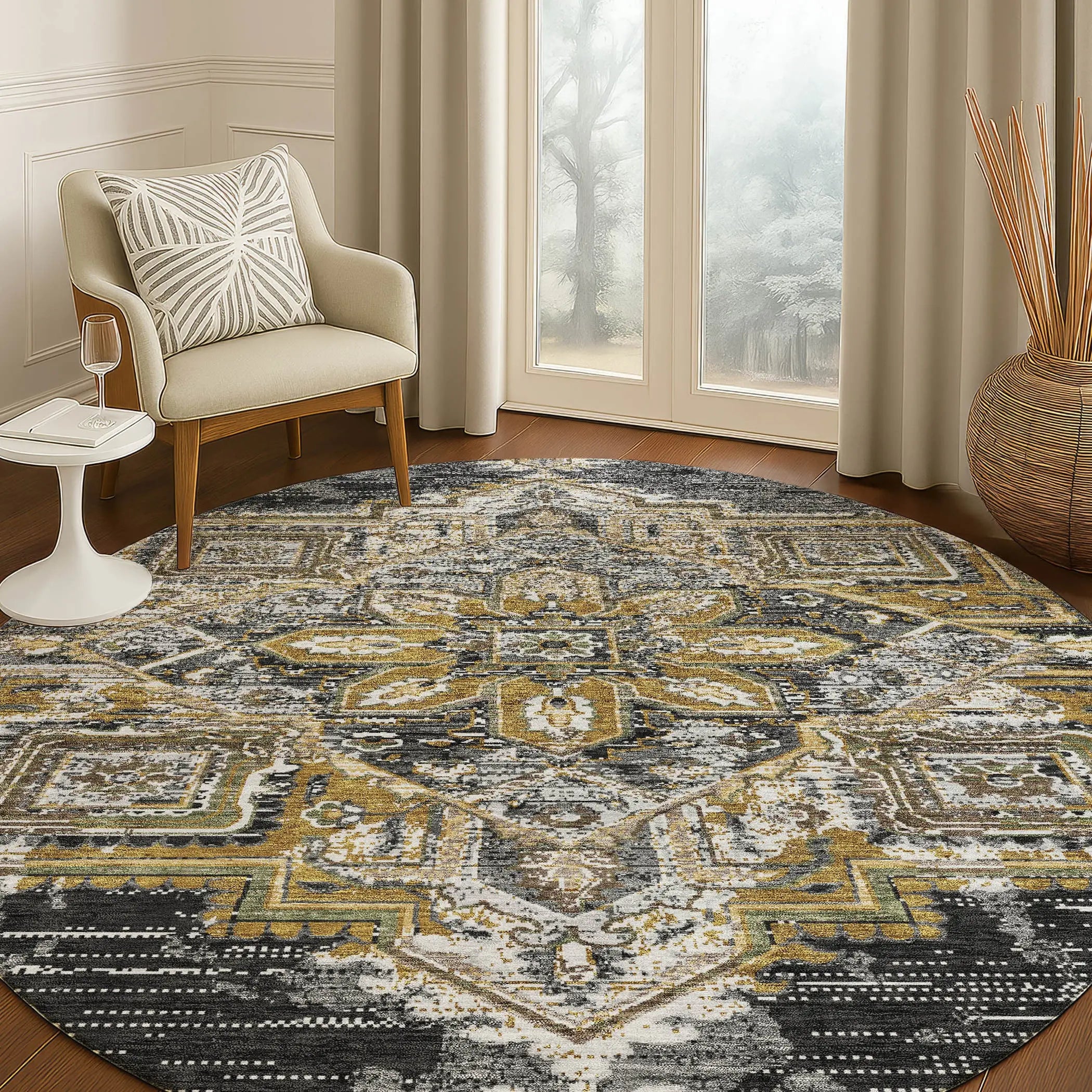8' Black And Granite Gray Round Oriental Washable Indoor Outdoor Area Rug Homeroots Outdoor