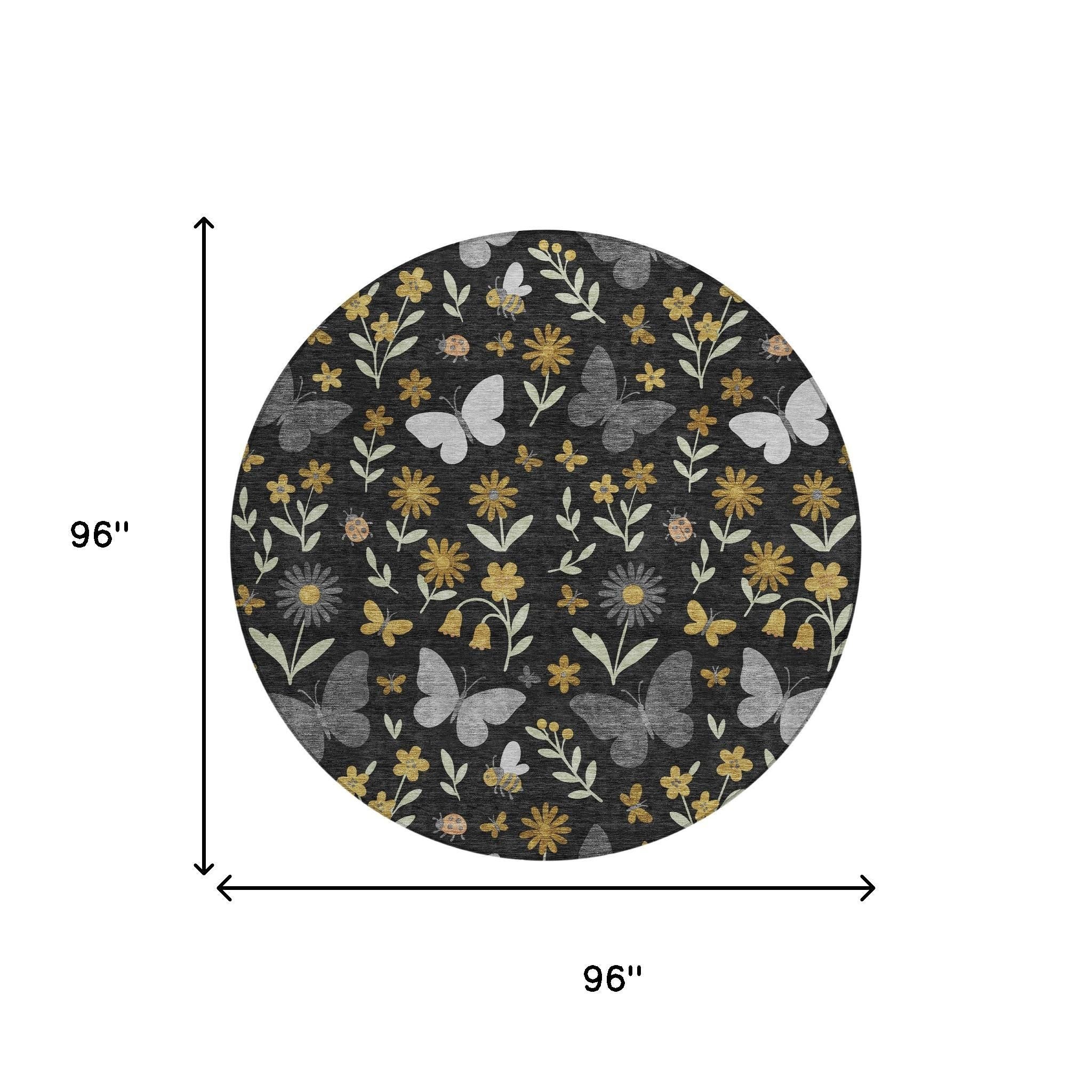 8' Black And Graphite Round Abstract Washable Indoor Outdoor Area Rug Homeroots Outdoor
