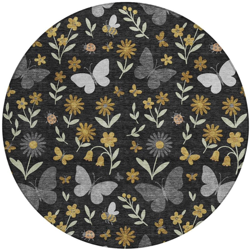 8' Black And Graphite Round Abstract Washable Indoor Outdoor Area Rug Homeroots Outdoor