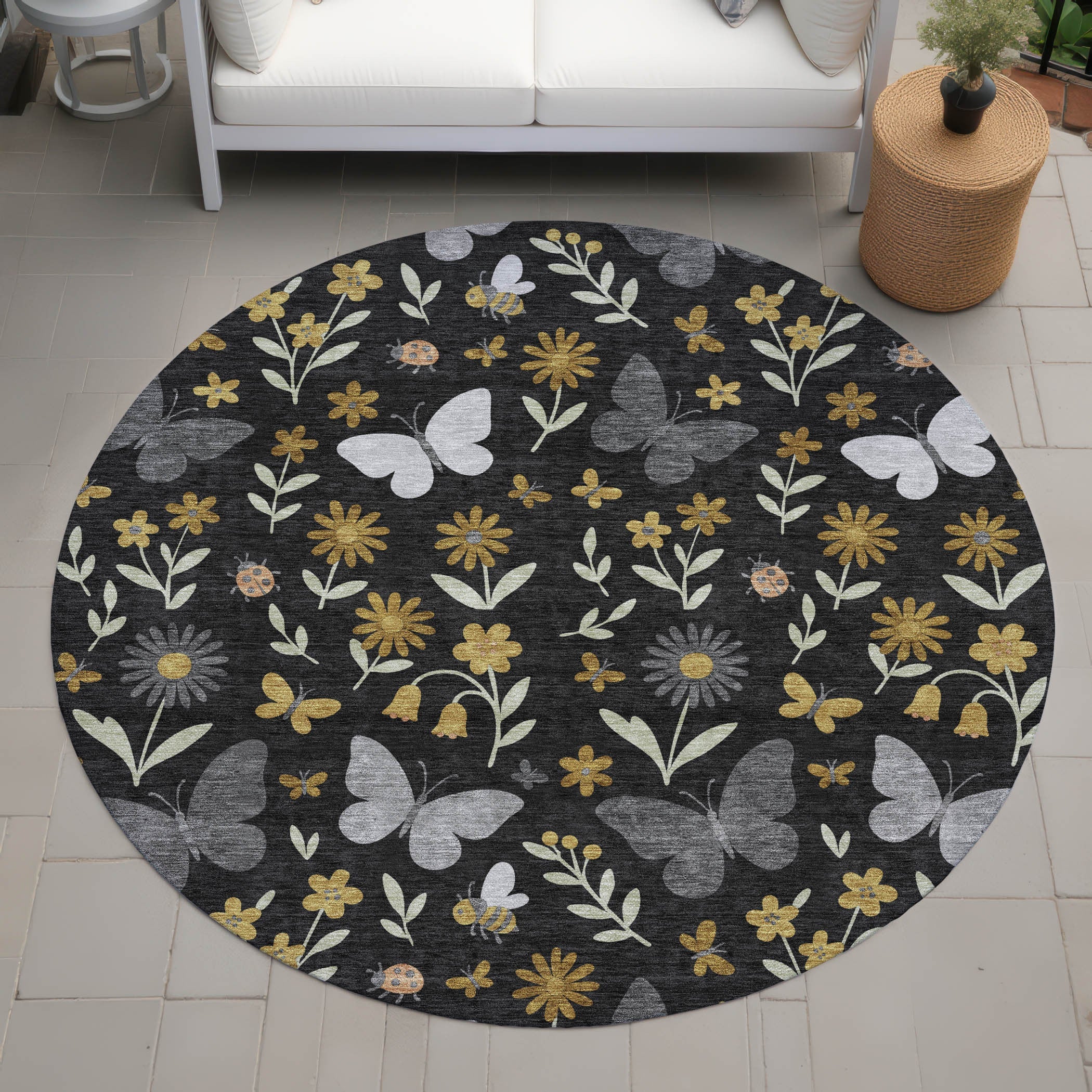 8' Black And Graphite Round Abstract Washable Indoor Outdoor Area Rug Homeroots Outdoor