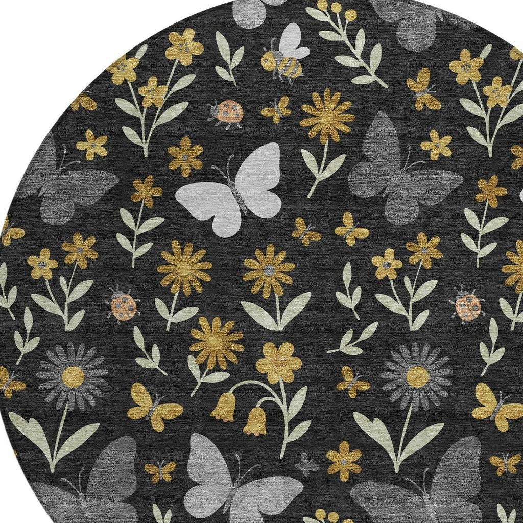 8' Black And Graphite Round Abstract Washable Indoor Outdoor Area Rug Homeroots Outdoor