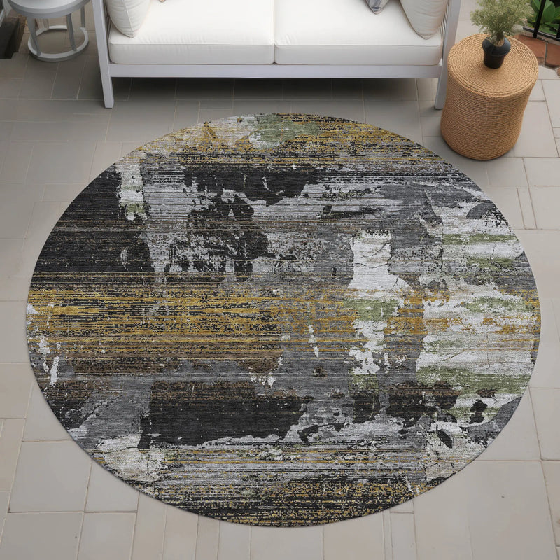 8' Black And Graphite Round Abstract Washable Indoor Outdoor Area Rug Homeroots Outdoor