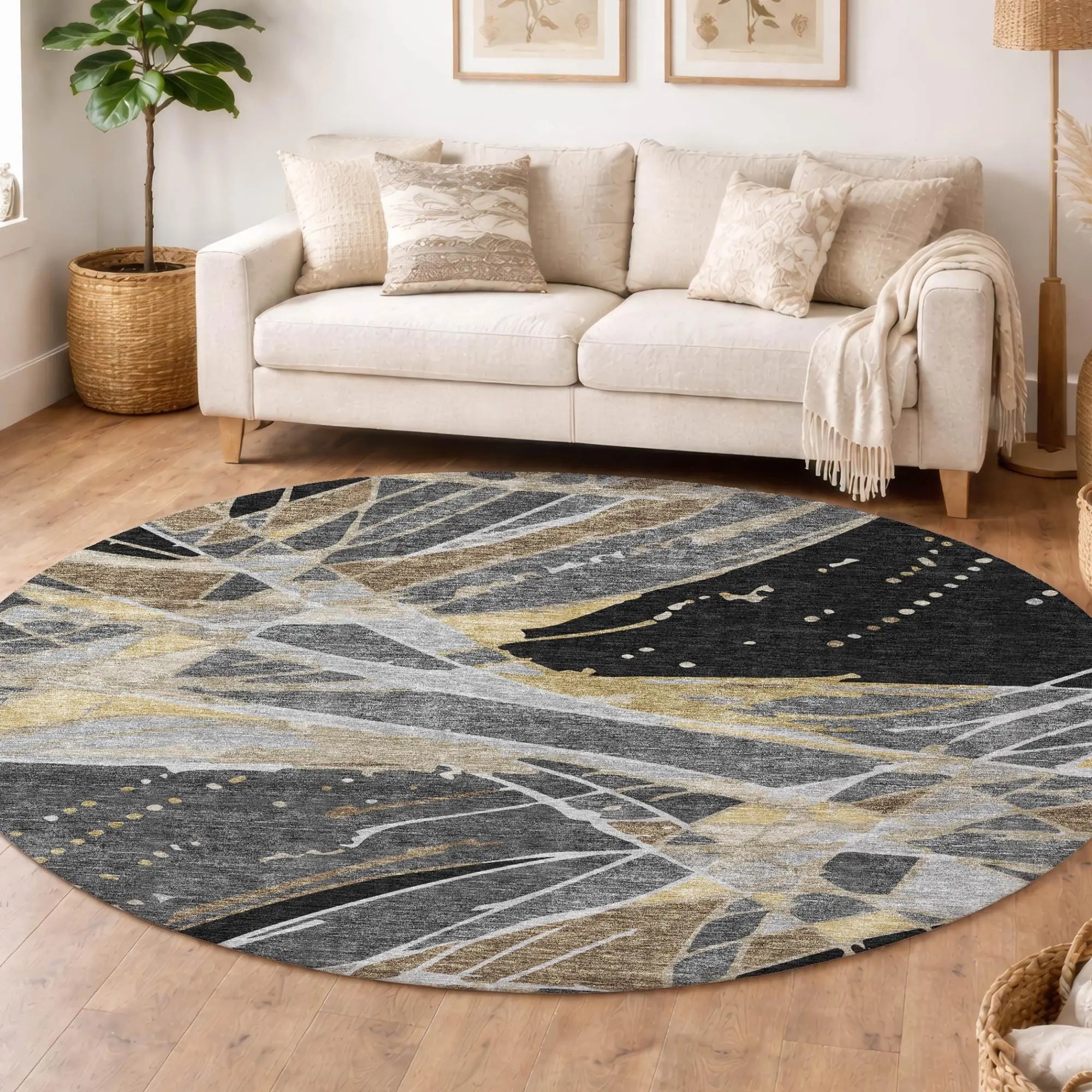 8' Black And Graphite Round Abstract Washable Indoor Outdoor Area Rug Homeroots Outdoor