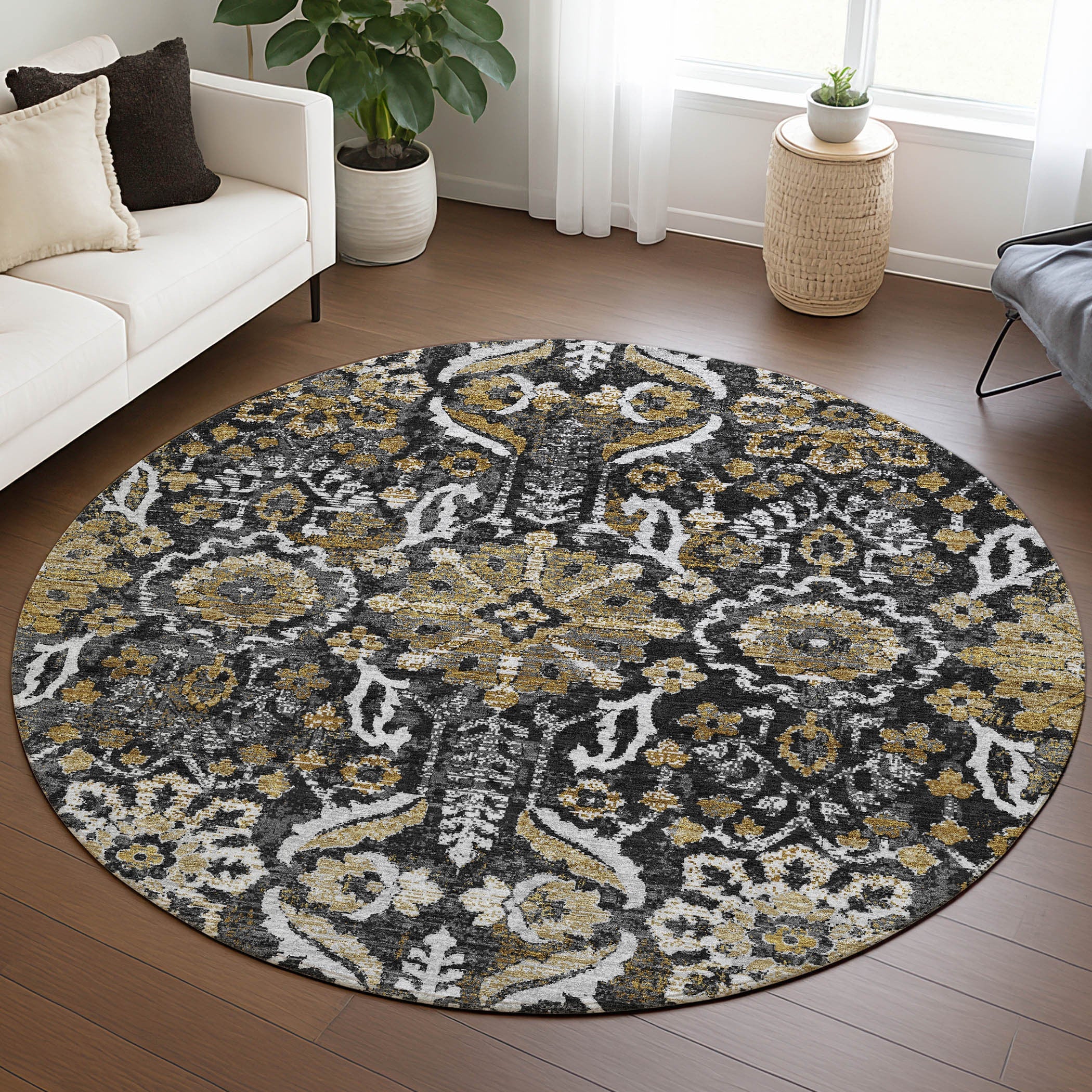 8' Black And Graphite Round Damask Washable Indoor Outdoor Area Rug Homeroots Outdoor