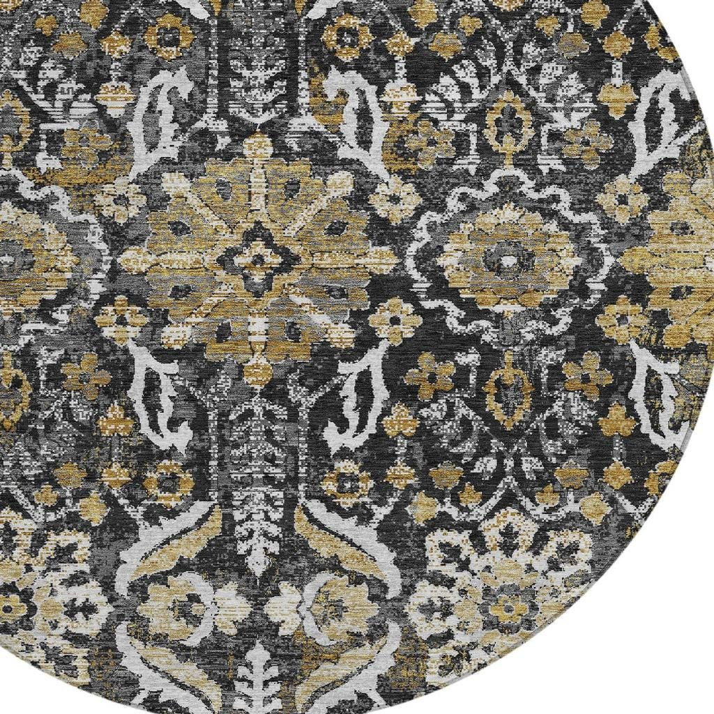 8' Black And Graphite Round Damask Washable Indoor Outdoor Area Rug Homeroots Outdoor