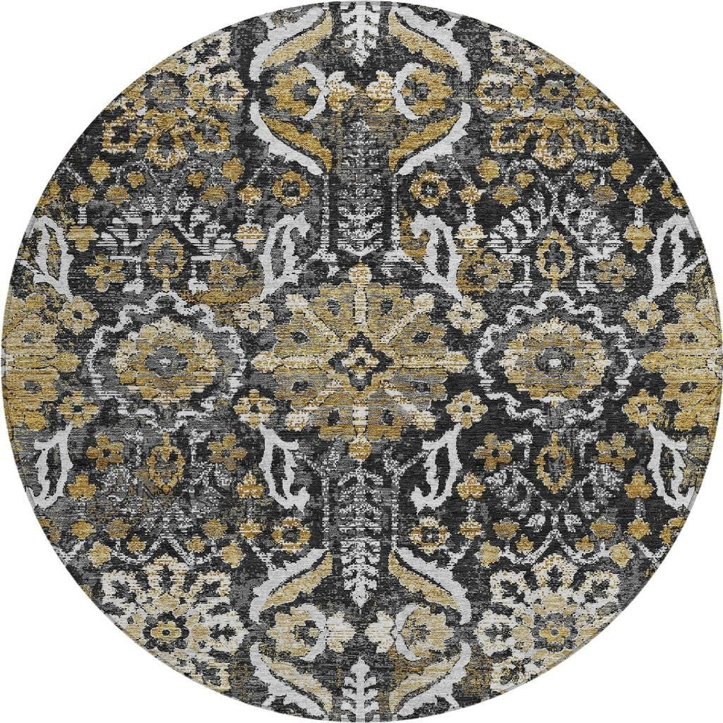 8' Black And Graphite Round Damask Washable Indoor Outdoor Area Rug Homeroots Outdoor