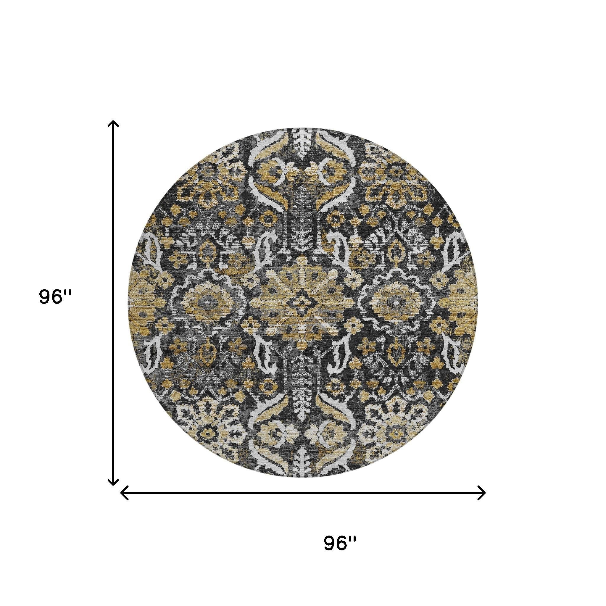8' Black And Graphite Round Damask Washable Indoor Outdoor Area Rug Homeroots Outdoor