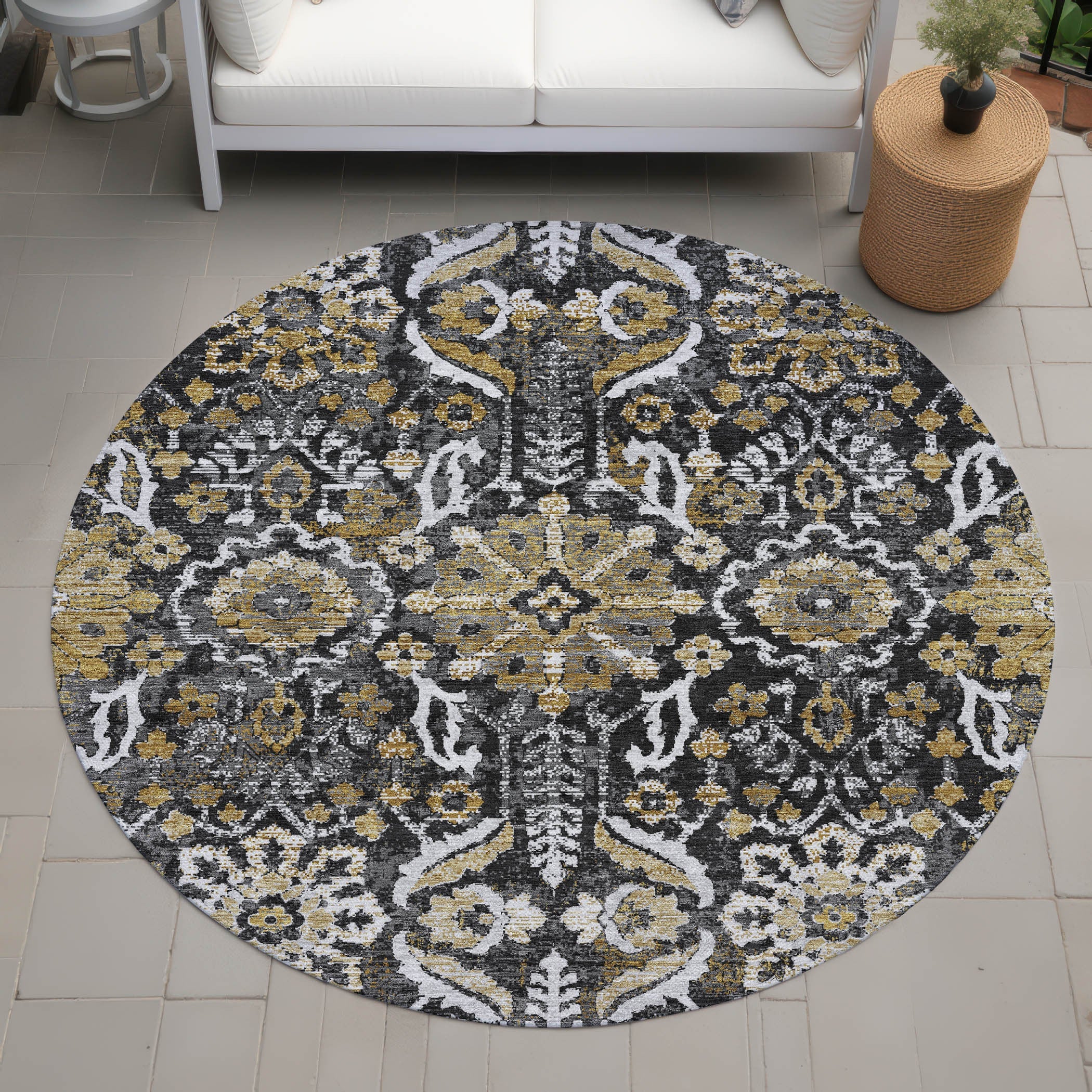 8' Black And Graphite Round Damask Washable Indoor Outdoor Area Rug Homeroots Outdoor