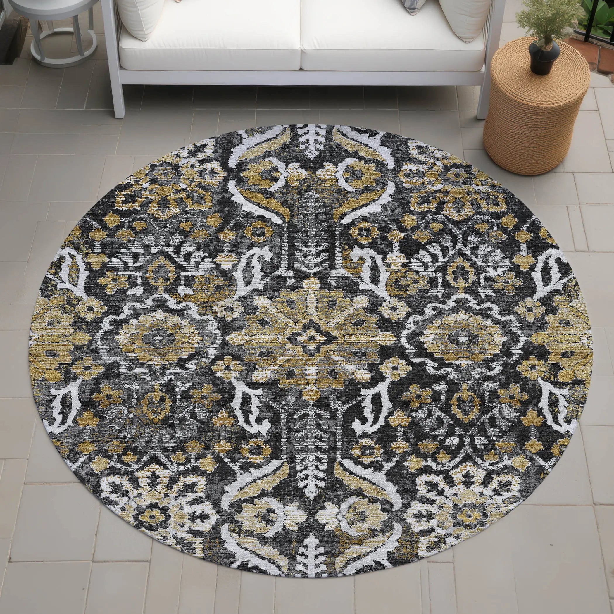 8' Black And Graphite Round Damask Washable Indoor Outdoor Area Rug Homeroots Outdoor