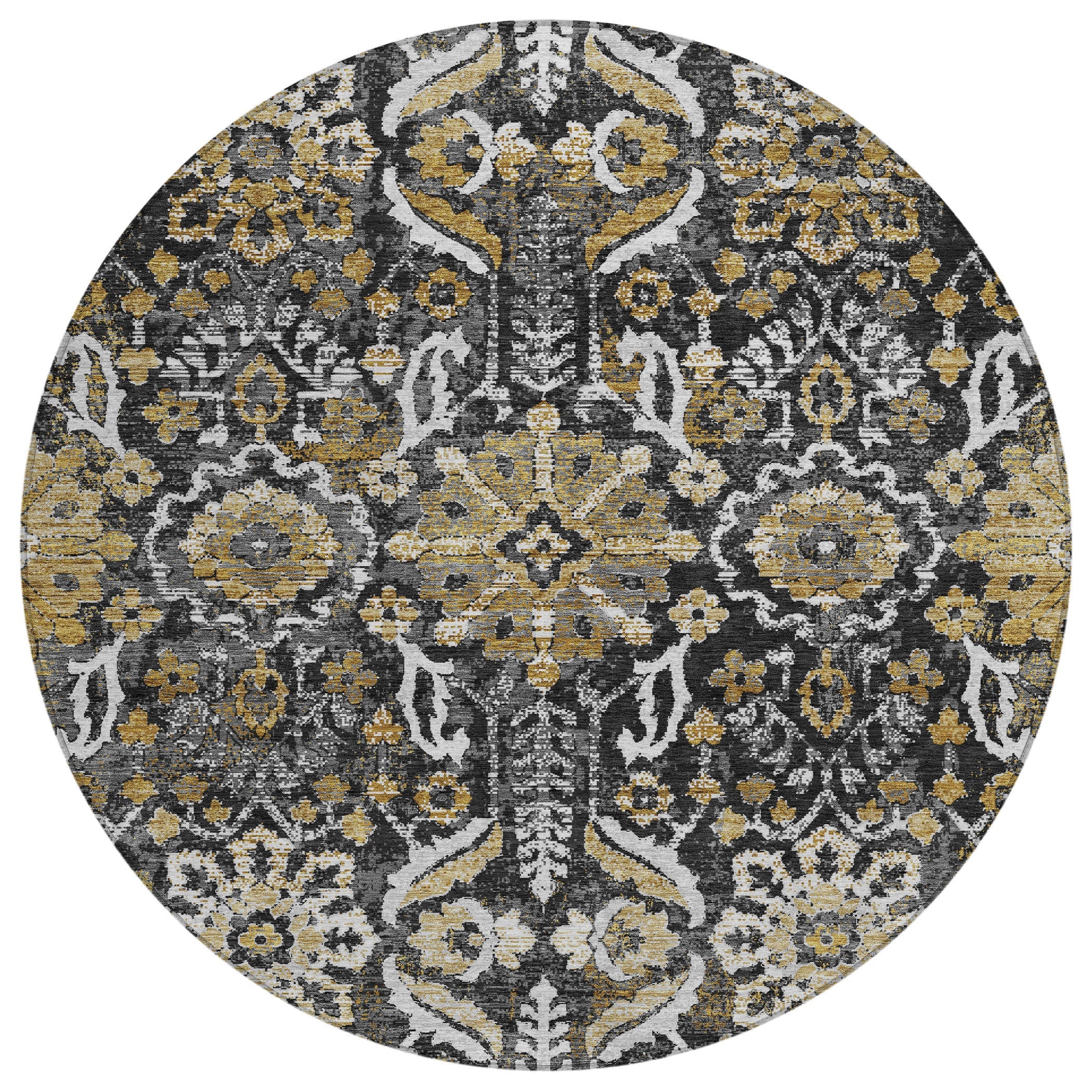 8' Black And Graphite Round Damask Washable Indoor Outdoor Area Rug Homeroots Outdoor