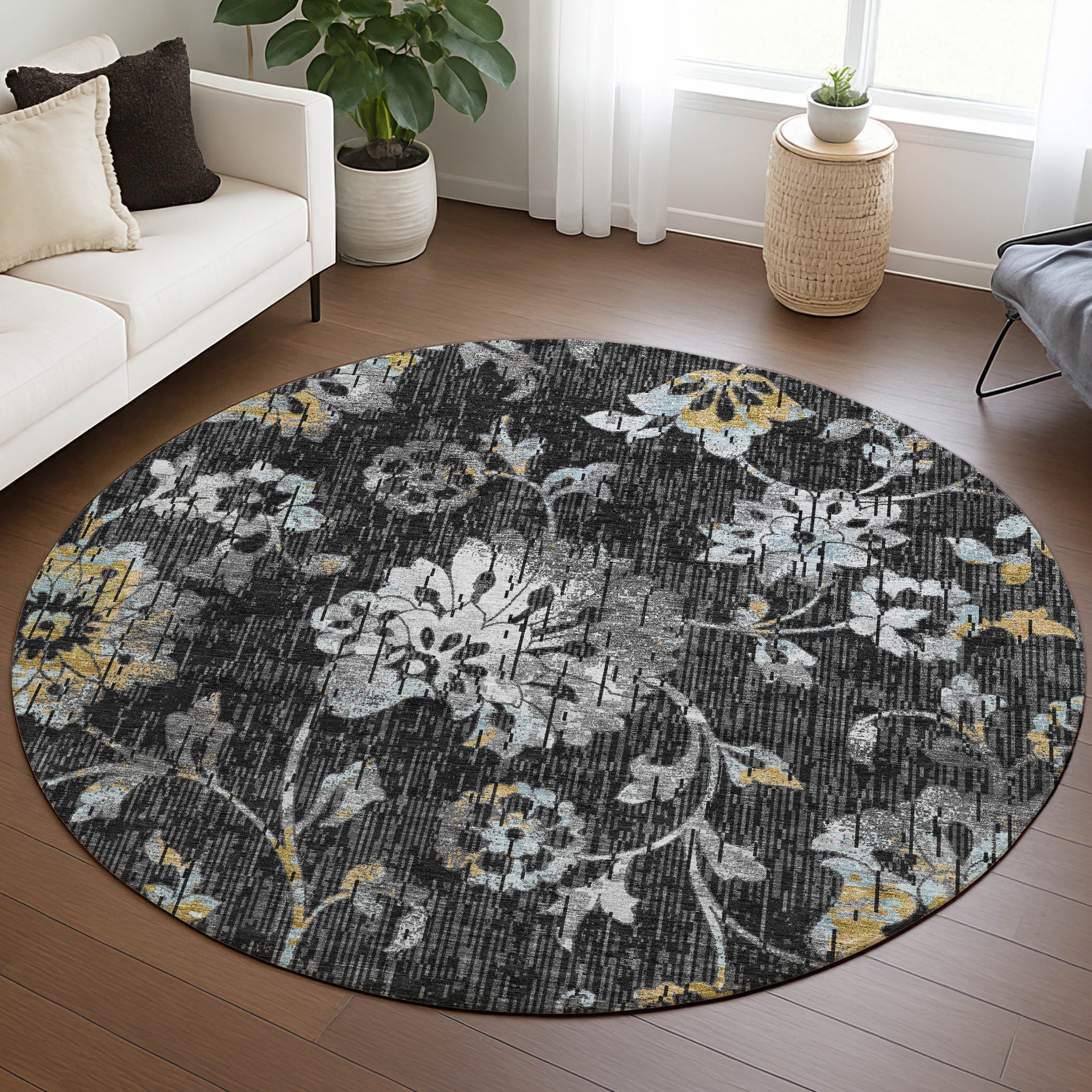 8' Black And Graphite Round Floral Washable Indoor Outdoor Area Rug Homeroots Outdoor