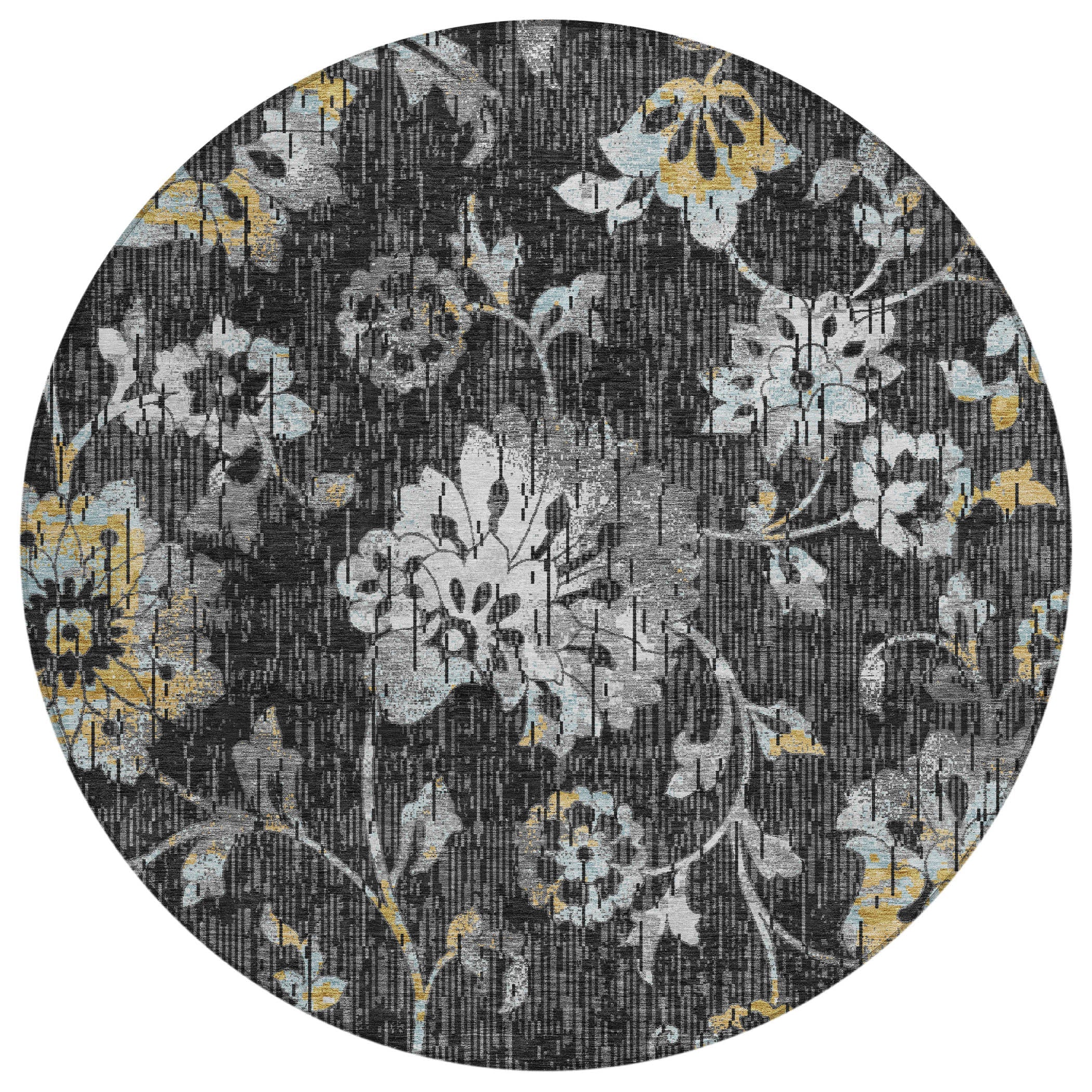 8' Black And Graphite Round Floral Washable Indoor Outdoor Area Rug Homeroots Outdoor