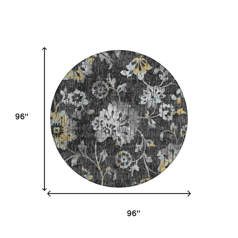 8' Black And Graphite Round Floral Washable Indoor Outdoor Area Rug Homeroots Outdoor