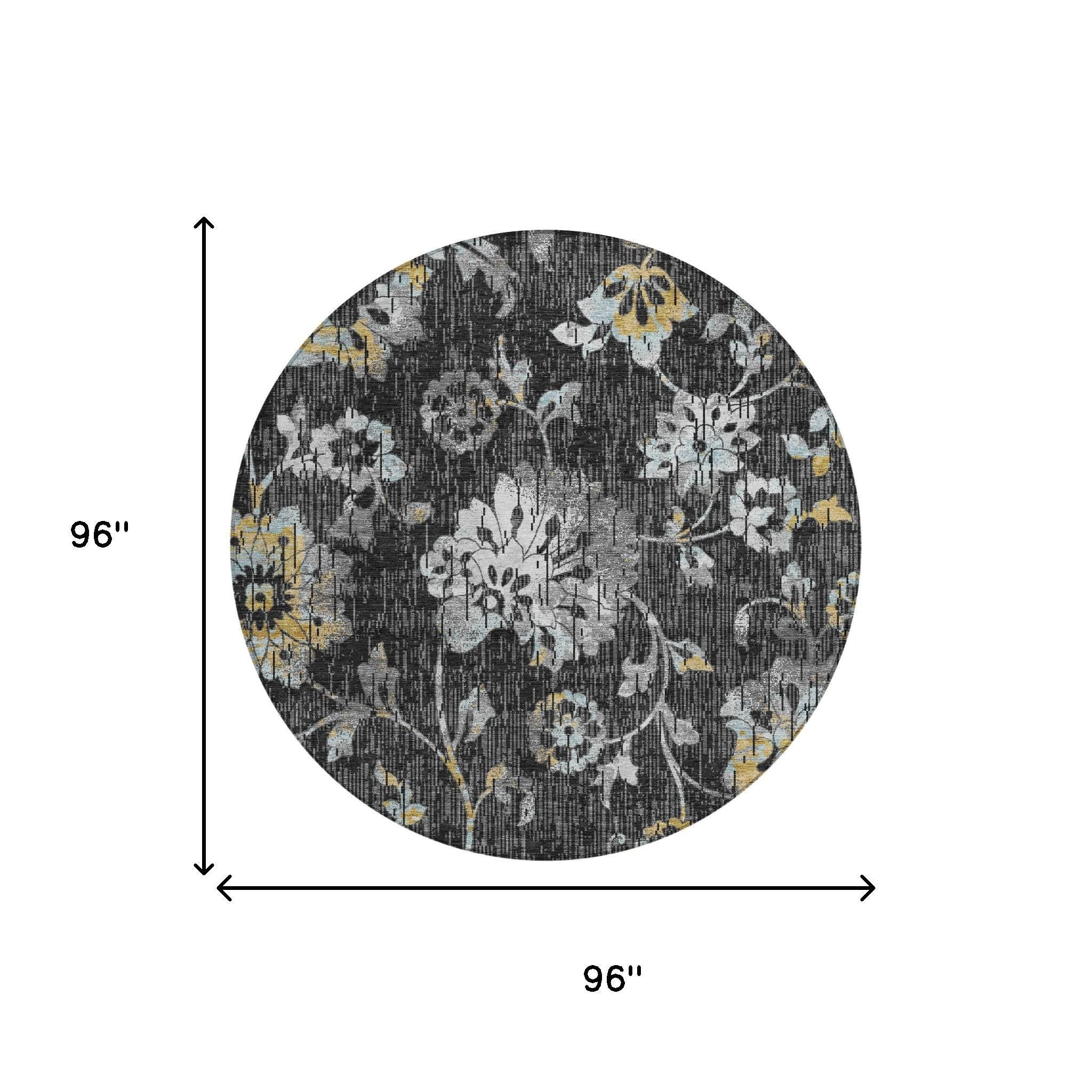 8' Black And Graphite Round Floral Washable Indoor Outdoor Area Rug Homeroots Outdoor