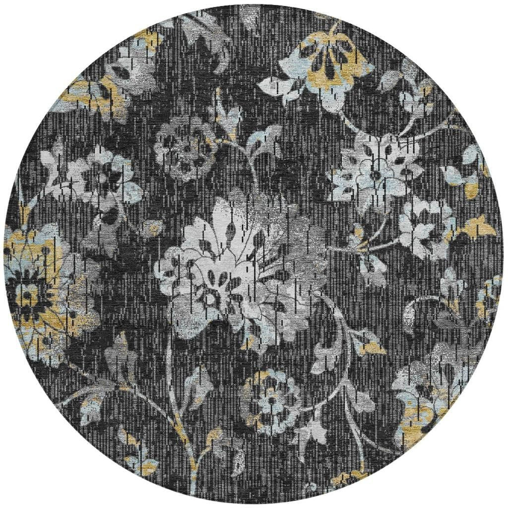 8' Black And Graphite Round Floral Washable Indoor Outdoor Area Rug Homeroots Outdoor