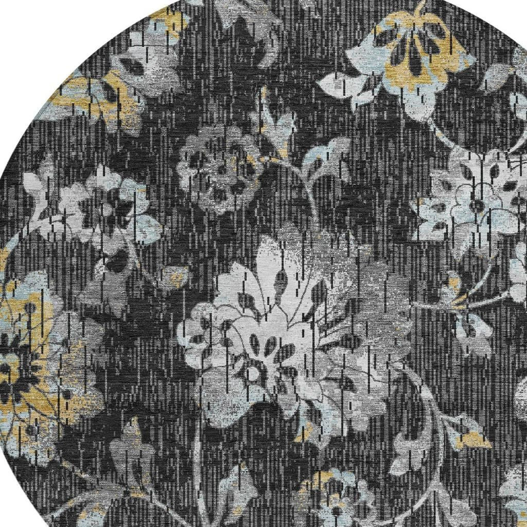 8' Black And Graphite Round Floral Washable Indoor Outdoor Area Rug Homeroots Outdoor