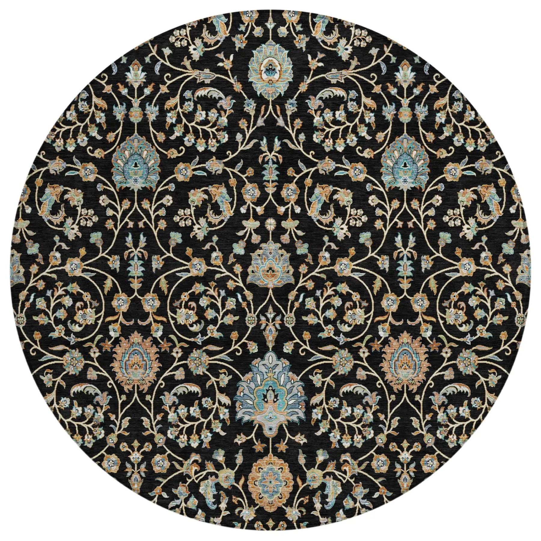 8' Black And Graphite Round Floral Washable Indoor Outdoor Area Rug Homeroots Outdoor