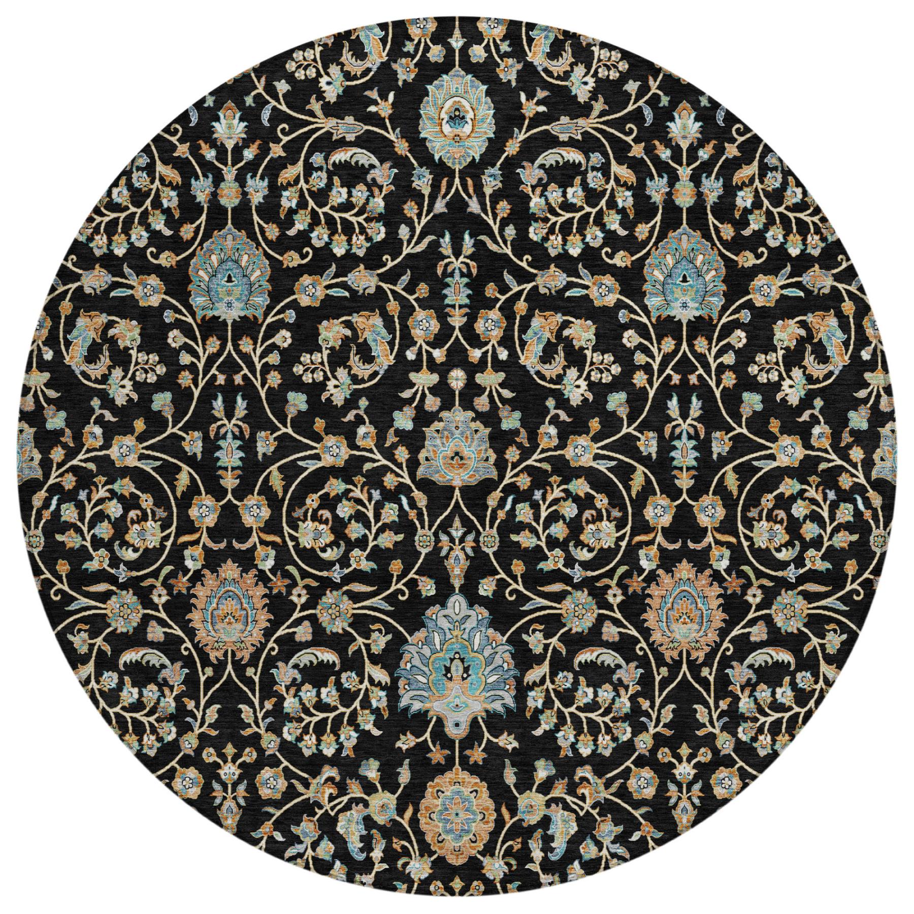 8' Black And Graphite Round Floral Washable Indoor Outdoor Area Rug Homeroots Outdoor