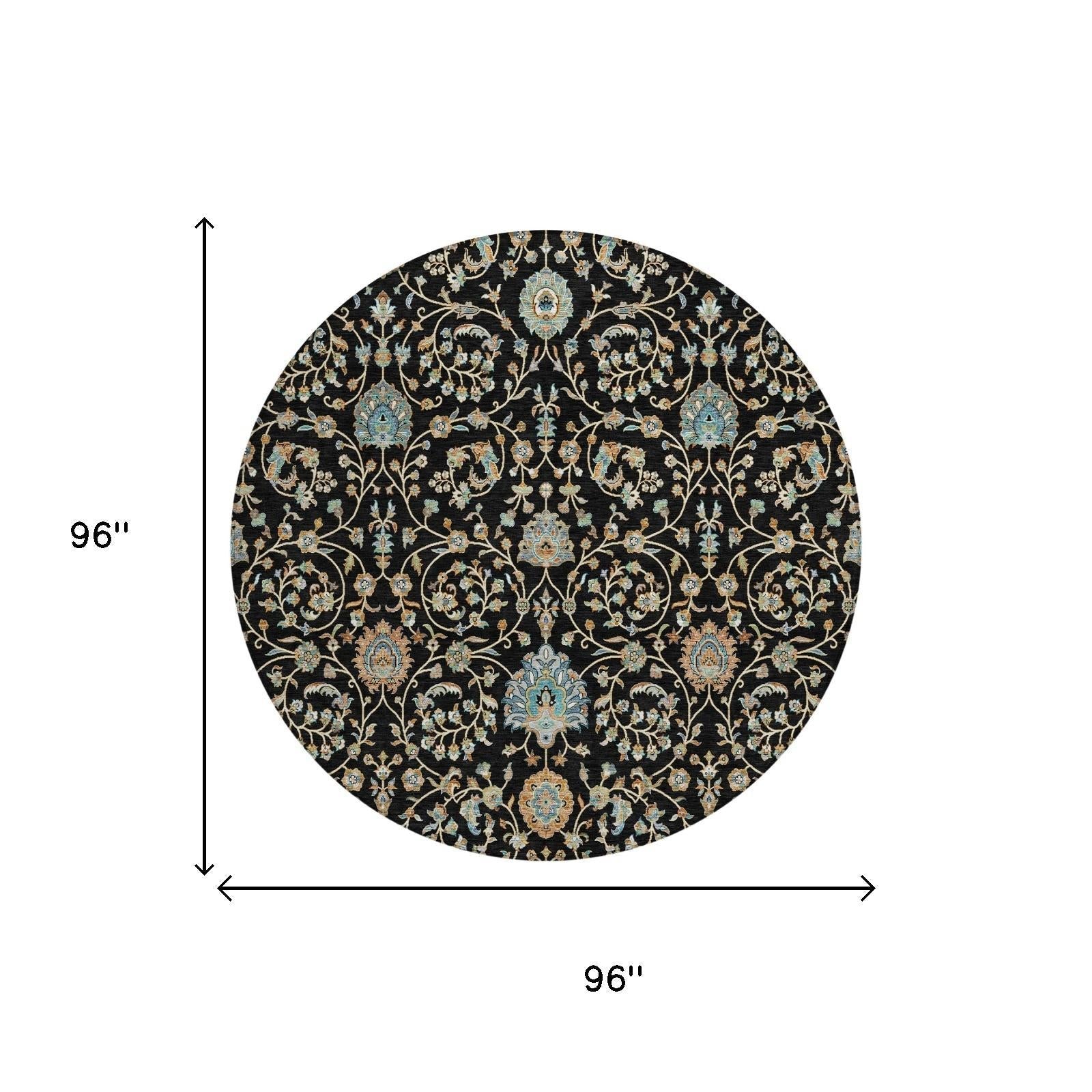 8' Black And Graphite Round Floral Washable Indoor Outdoor Area Rug Homeroots Outdoor