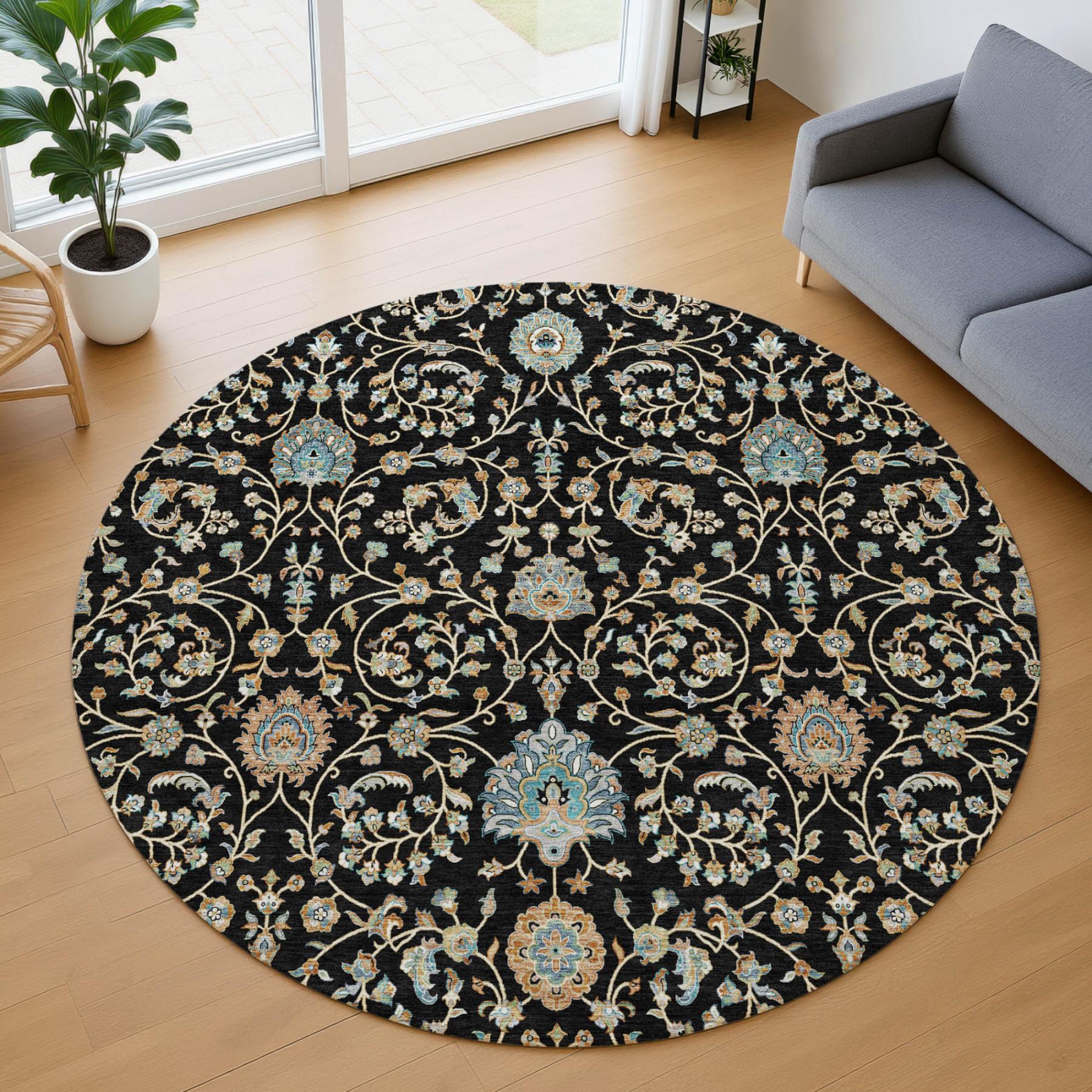 8' Black And Graphite Round Floral Washable Indoor Outdoor Area Rug Homeroots Outdoor