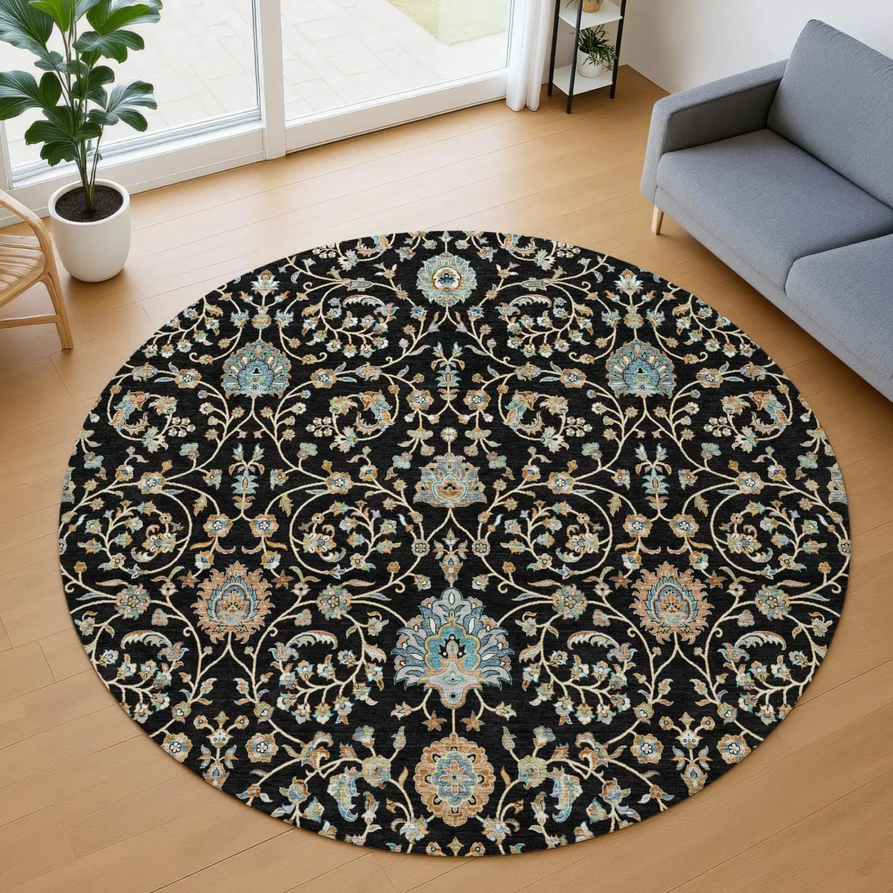 8' Black And Graphite Round Floral Washable Indoor Outdoor Area Rug Homeroots Outdoor