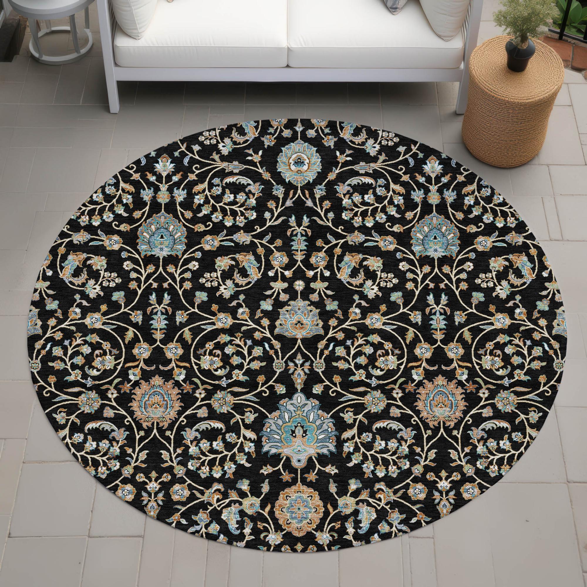 8' Black And Graphite Round Floral Washable Indoor Outdoor Area Rug Homeroots Outdoor