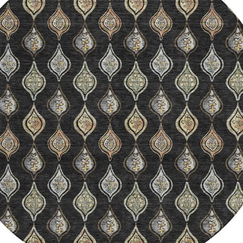 8' Black And Graphite Round Floral Washable Indoor Outdoor Area Rug Homeroots Outdoor