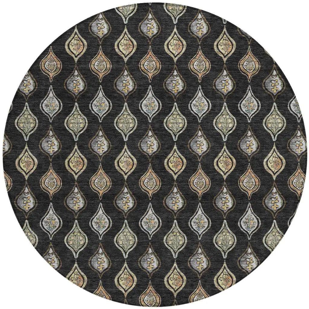 8' Black And Graphite Round Floral Washable Indoor Outdoor Area Rug Homeroots Outdoor