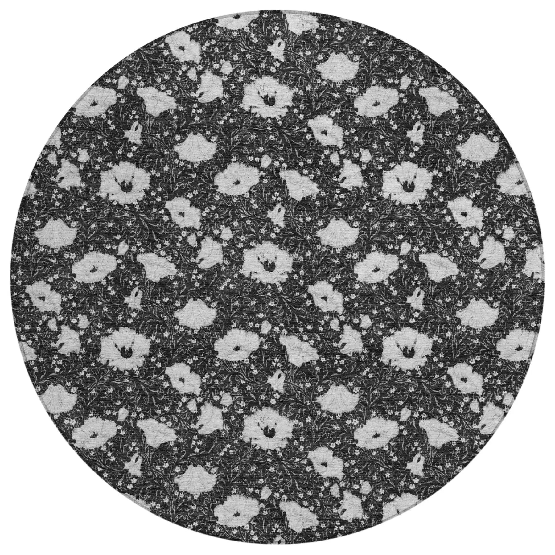 8' Black And Graphite Round Floral Washable Indoor Outdoor Area Rug Homeroots Outdoor