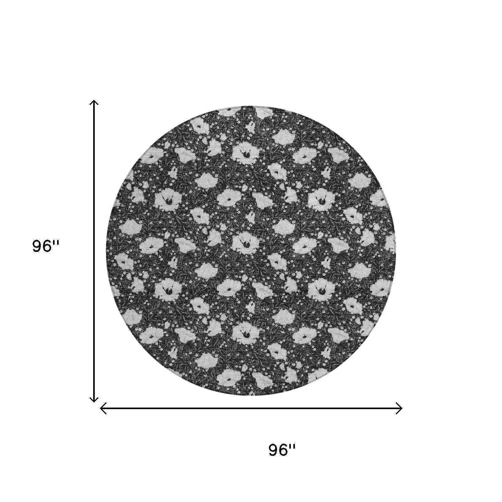 8' Black And Graphite Round Floral Washable Indoor Outdoor Area Rug Homeroots Outdoor